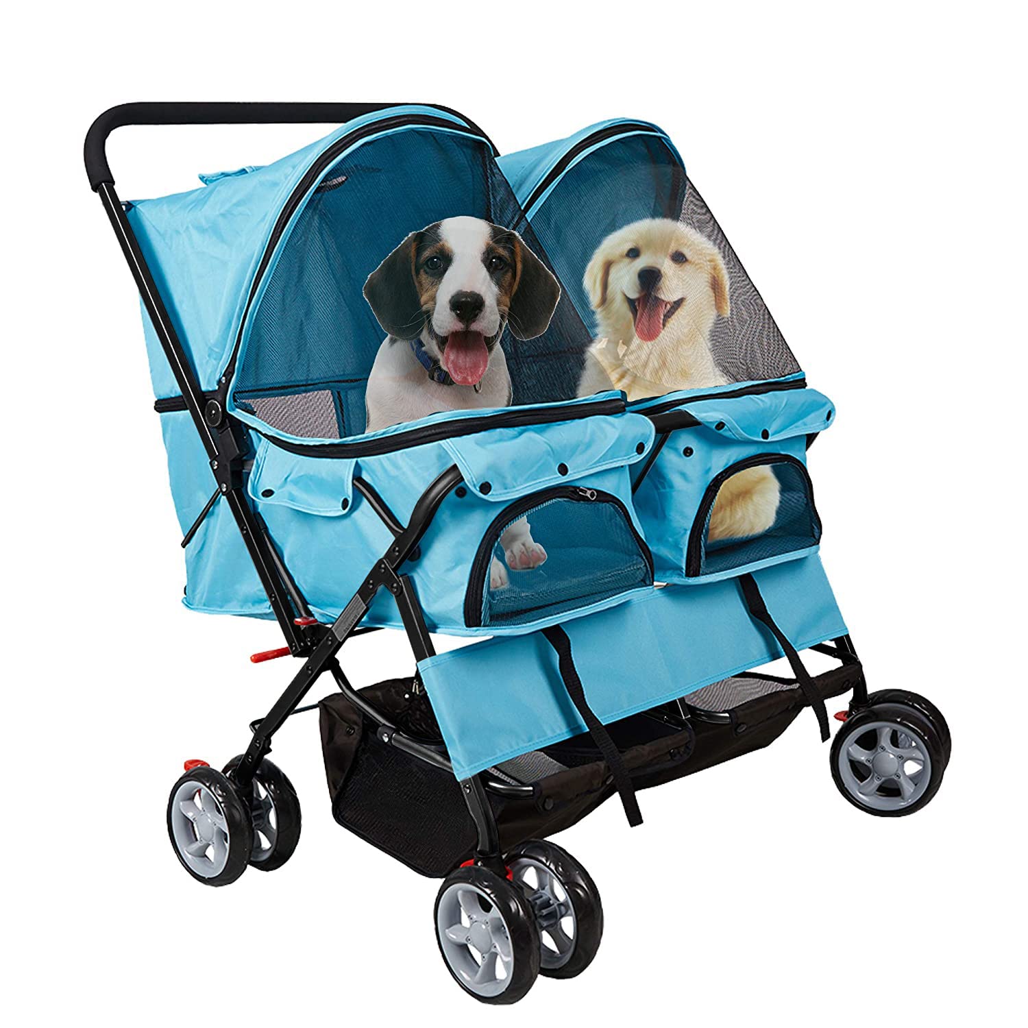Foldable Double Pet Stroller - 2-Seater Dog & Cat Carrier with Wheels - Lightweight Travel Strolling Cart for Small Animals (Blue) - Perfect for Park Walks, Vet Visits, and Shopping Trips