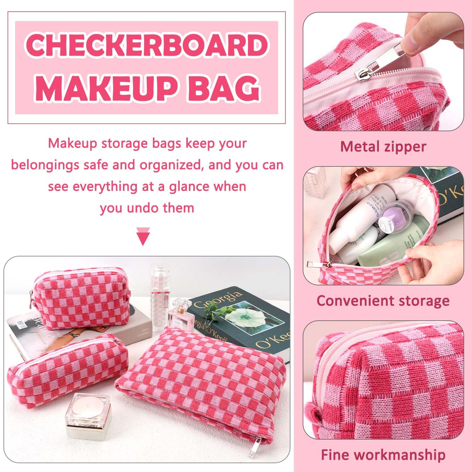 3-Piece Checkered Makeup Bag Set for Women & Girls - Large Capacity Cosmetic Organizer, Travel Toiletry Pouch, Bathroom Storage (Rose Red) | Perfect for Travel, Gym, Daily Use & Gift Giving