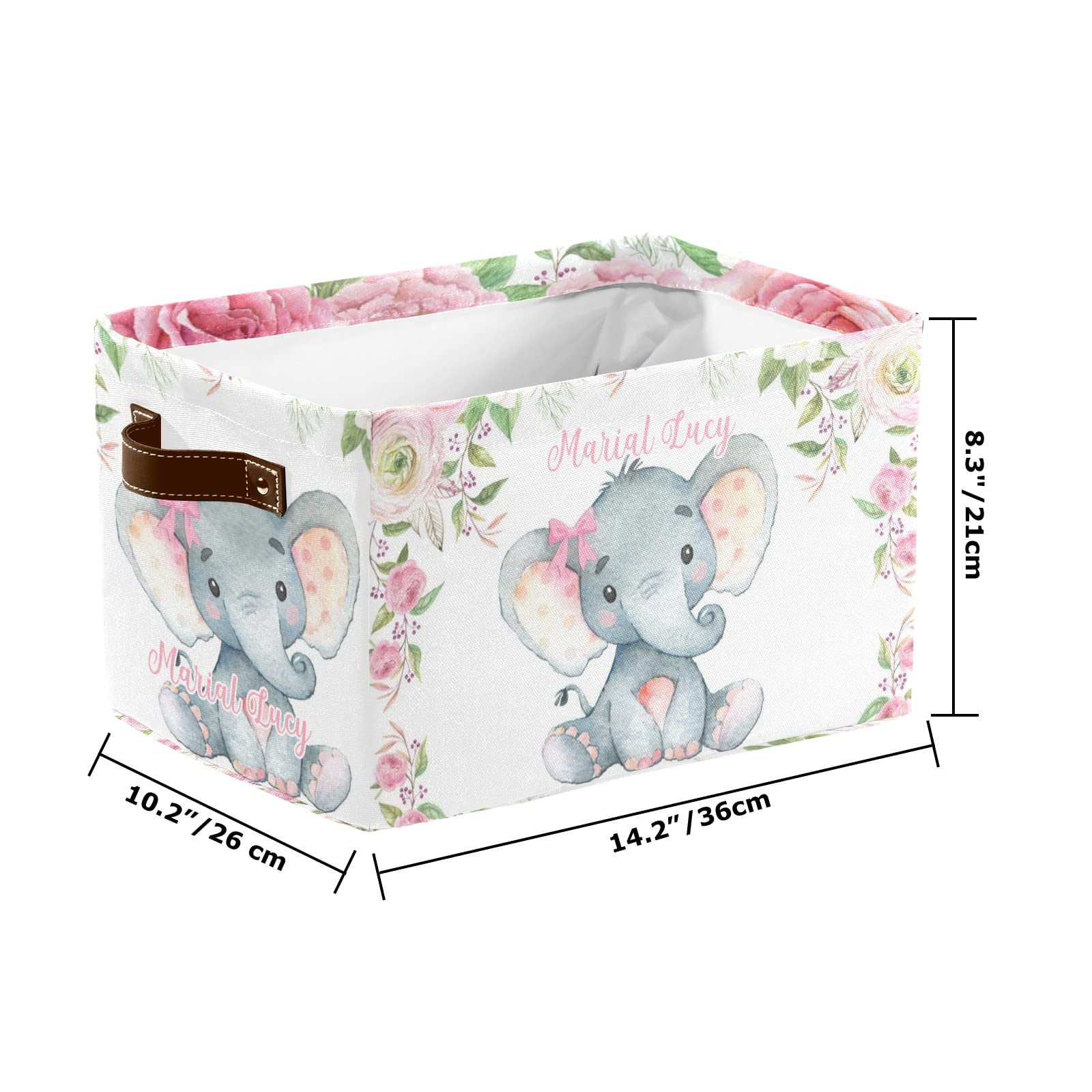 Personalized Pink Roses Elephant Storage Bins - 4 Pack Durable Cube Organizers with Handles for Nursery, Wardrobe, Shelves & Toy Organization | Perfect for Kids' Room Decor & Clutter Control