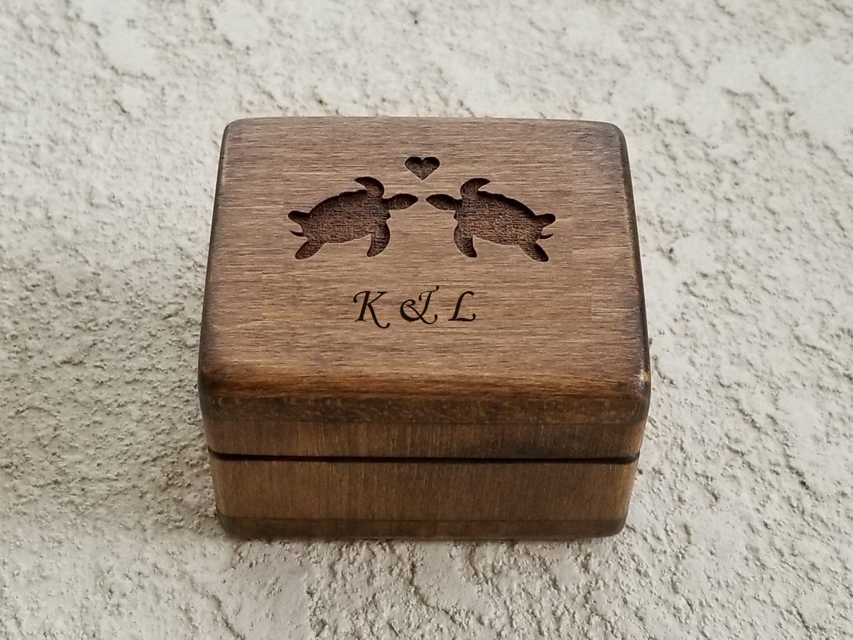 Personalized Engraved Wooden Ring Box with Love Turtles Design - Handmade Sea Turtle Jewelry Box for Beach Weddings & Engagements - Unique Valentine's Day Gift for Couples (Perfect for Destination Weddings, Anniversary Surprises & Romantic Proposals)