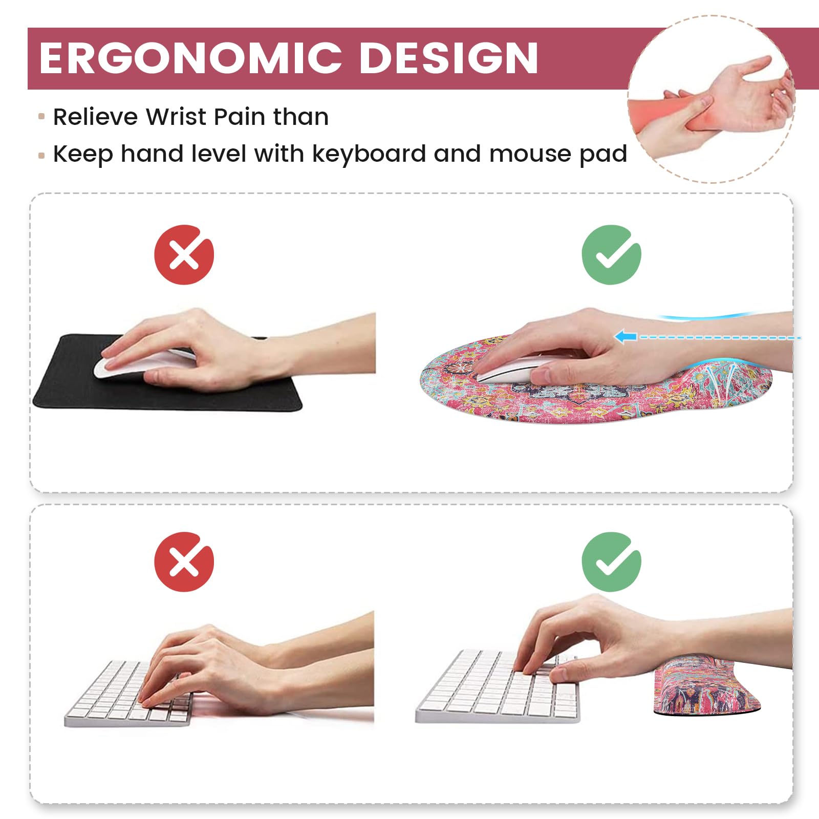 iLeadon Ergonomic Mouse Pad with Wrist Rest Set - Boho Style Comfort for Pain-Free Typing & Computer Use, Non-Slip Base for Home & Office Workstation (Fuchsia) - Perfect for Gaming, Coding & Long Work Sessions
