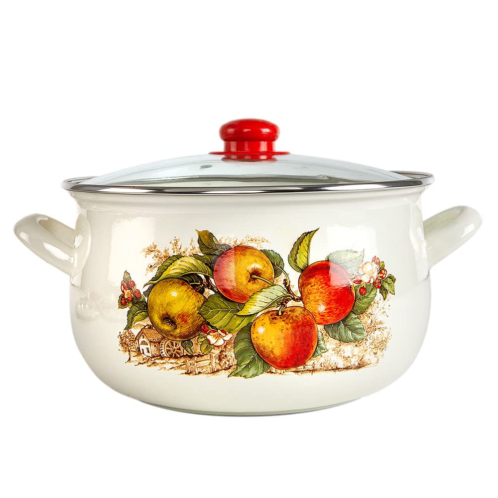 STP GOODS 5.05-Qt Enameled Aluminum Cooking Pot with Glass Lid - Apple Belly Deep Casserole Dish, Soup Pot (4.8L, White) for Home Kitchen, Camping & Outdoor Cooking