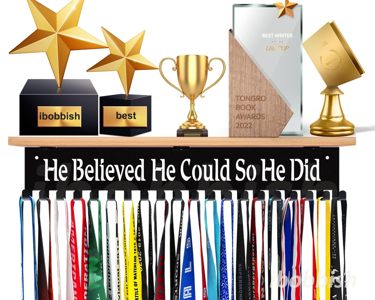 iBobbish Premium 16-Inch Metal Trophy & Medal Display Shelf with Hooks - Large Bamboo Trophy Board for Wall Mounting - Sturdy Award Organizer for Sports Medals, Academic Awards & Office Decor