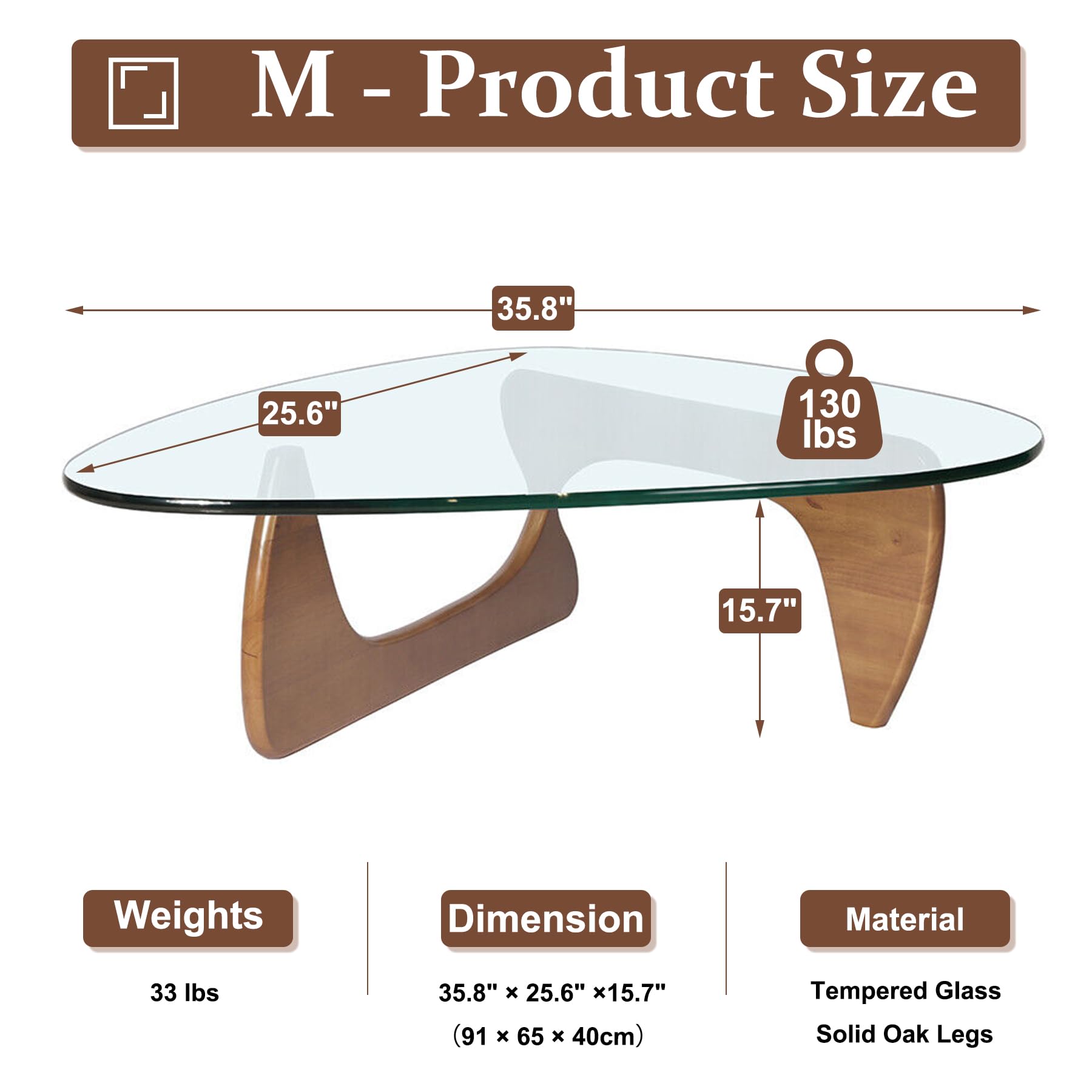 Mid Century Modern Walnut Triangle Coffee Table - Solid Wood Base & Clear Glass Top - Minimalist Low Living Room Tea Table (36