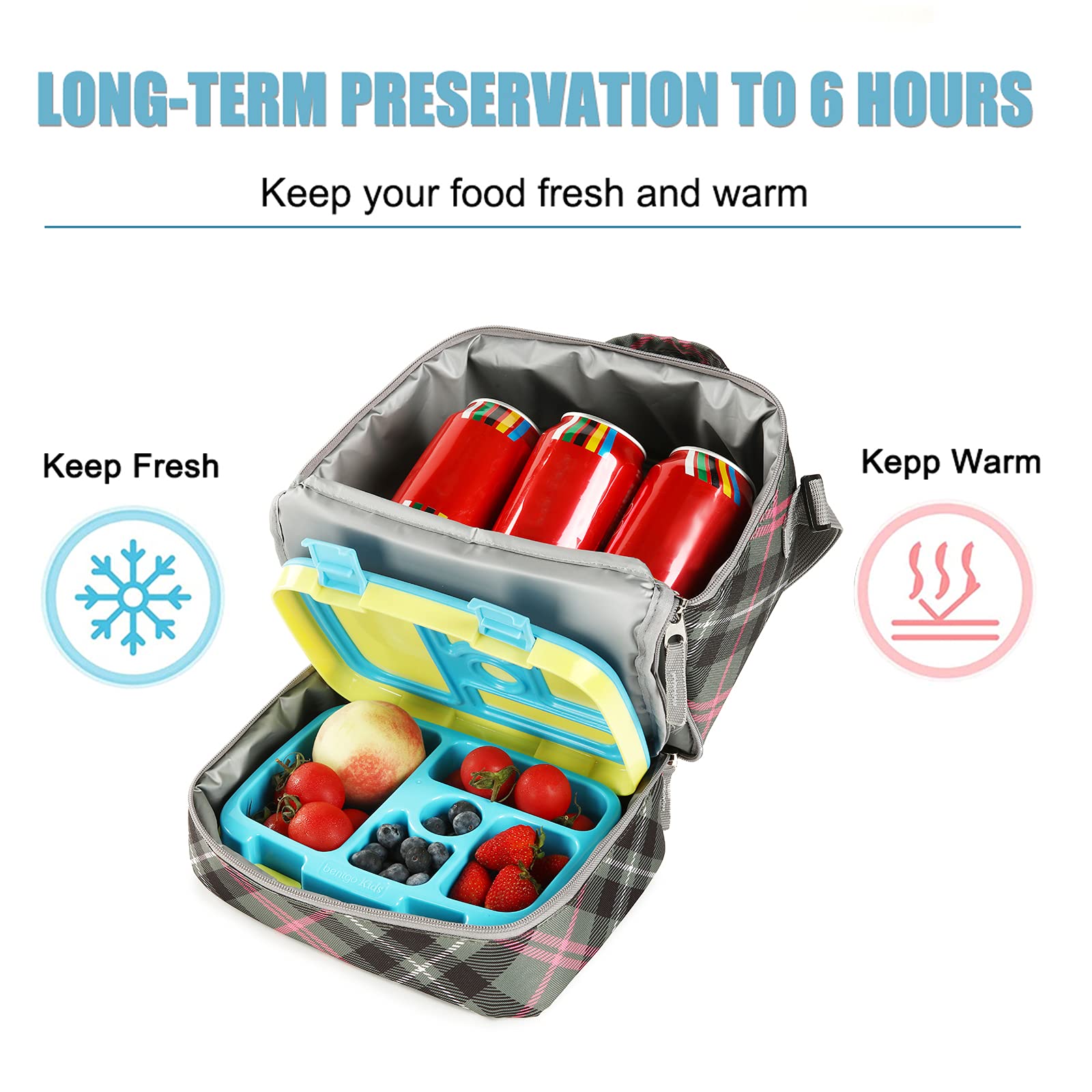 Tilami Insulated Lunch Bag with Adjustable Strap & Zipper - Water-Resistant Cooler Lunch Box for Kids & Toddlers - Pink Plaid Bento Box Carrier - Perfect for School, Picnics & Outdoor Activities