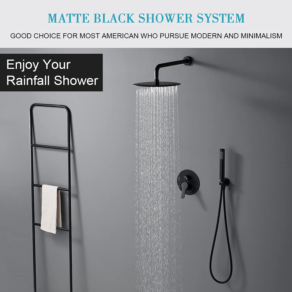 Premium Matte Black Shower System - 8 Inch Rainfall Shower Head & Handheld Sprayer - Complete Wall Mounted Bathroom Faucet Set - Perfect for Modern Bathrooms & Spa-Like Showers