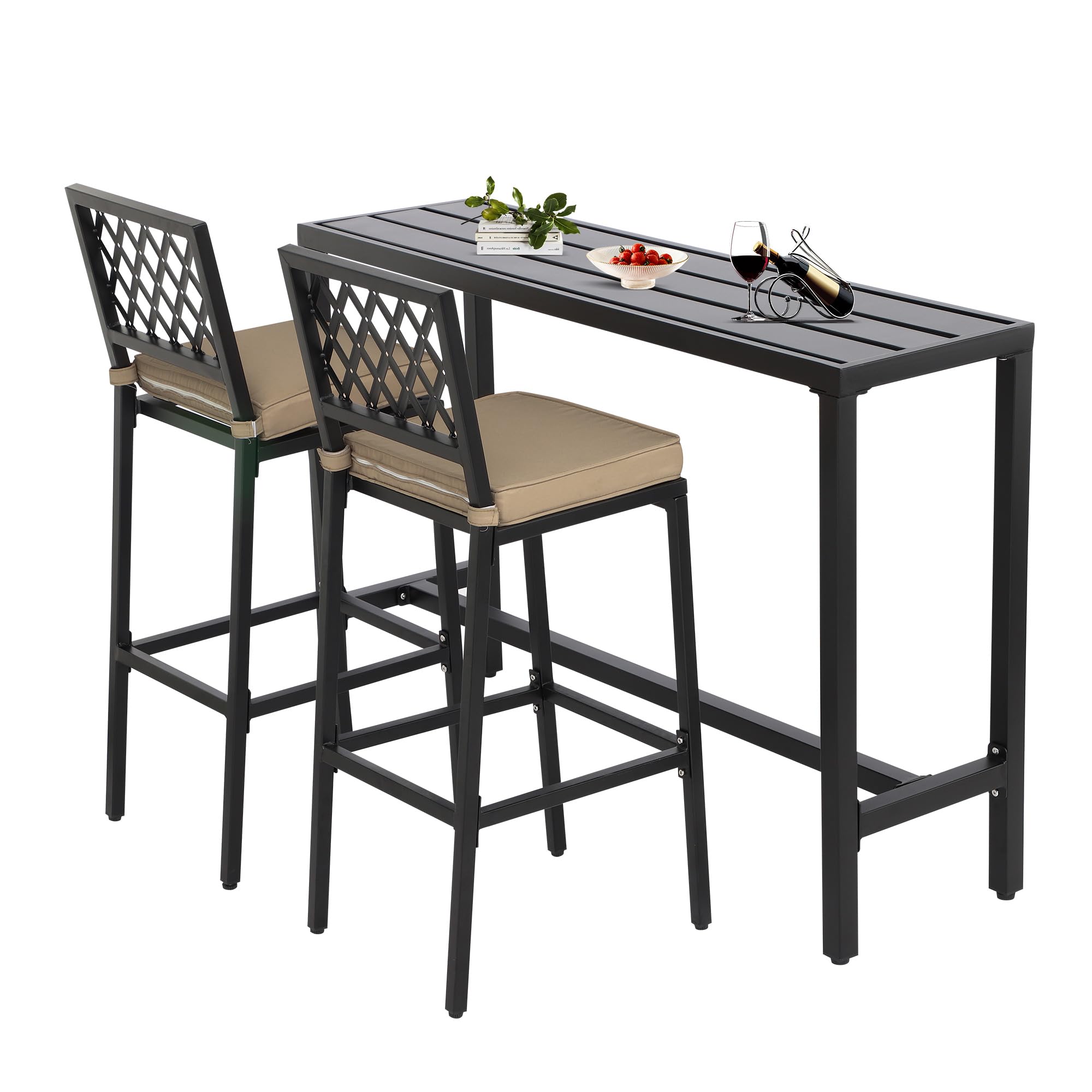 **Outdoor Patio Bar Set - Weather-Resistant Bistro Counter Height Dining Set with Cushions & Slatted Tabletop for Backyard, Garden, Deck, or Poolside Relaxation**