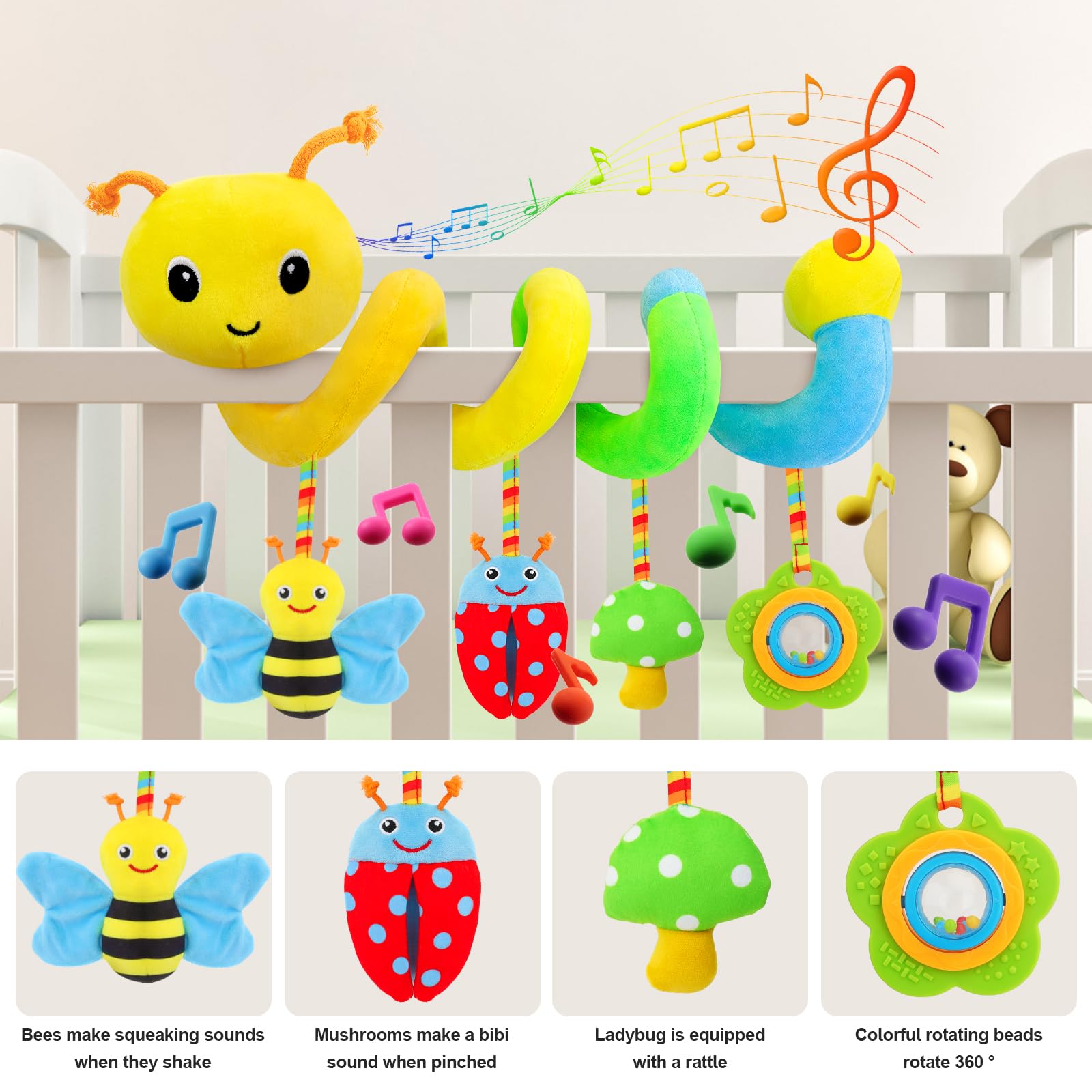 FPVERA Baby Car Seat & Stroller Toy for 0-6 Months - Soft Plush Spiral Activity Toy with Rattles | Developmental Toy for Infants | Perfect Gift for Newborns & Toddlers | Great for Road Trips & Stroller Walks