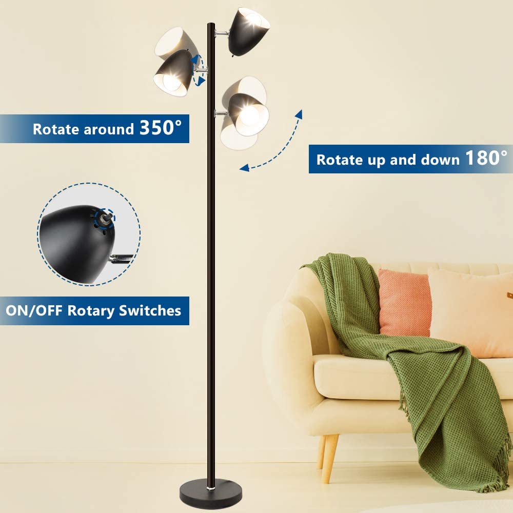 Depuley 3-Light Industrial Floor Lamp - Adjustable Metal Heads, Black Pole Modern Standing Light for Living Room, Bedroom, Office - E26 Base (Includes 3 x 9W LED Bulbs) - Perfect for Reading, Relaxing & Home Decor
