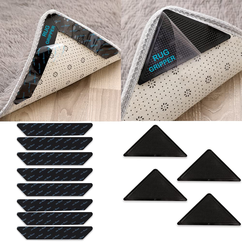 Non-Slip Rug Gripper Tape for Hardwood Floors - 12 Pack Washable & Reusable Double-Sided Anti-Curl Rug Pads - Secure Rugs on Wood, Tile & Laminate Floors - Perfect for Living Room, Bedroom & Office