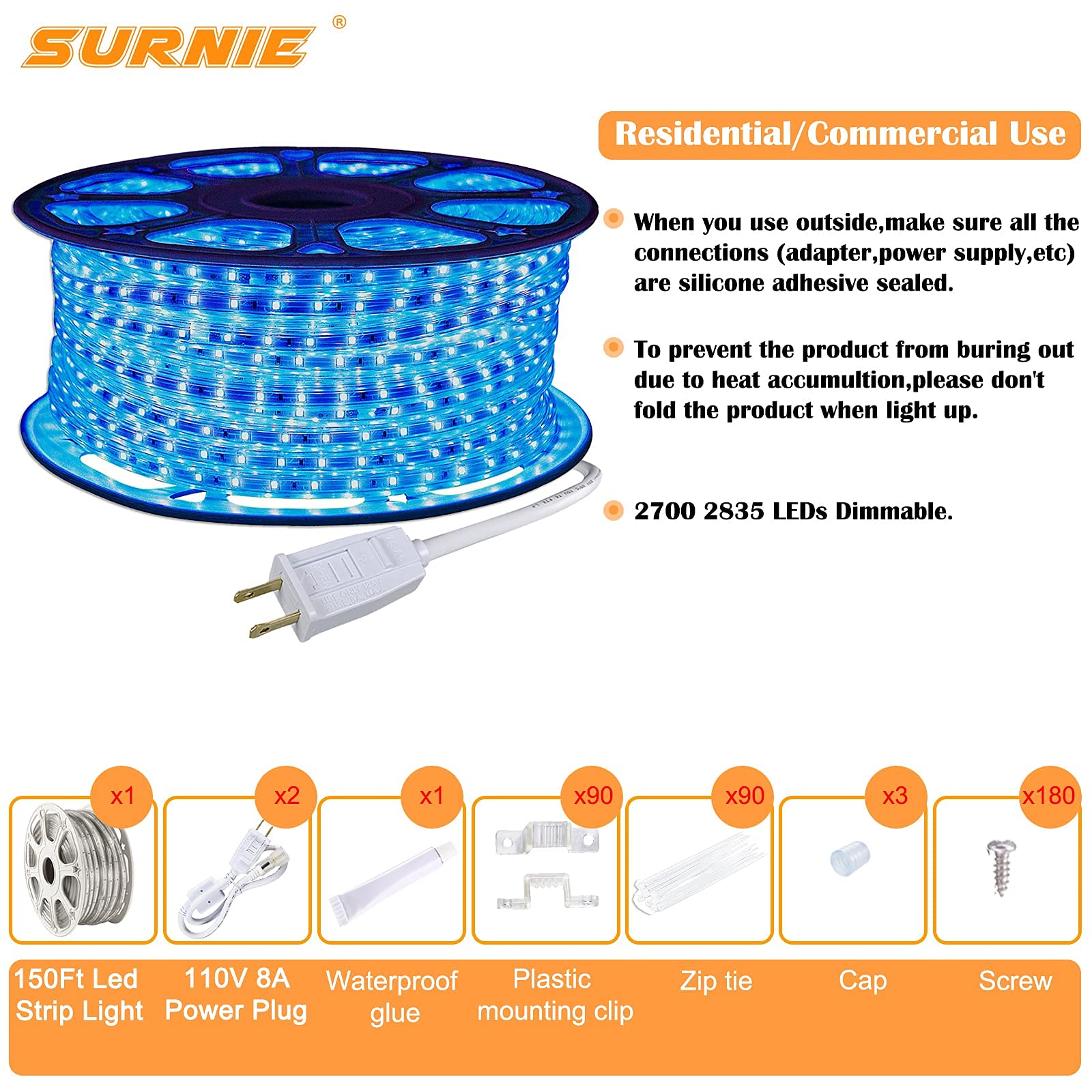 SURNIE 150ft Waterproof LED Strip Lights Outdoor - Blue 110V Cuttable Connectable Rope Lighting for Bedroom, Stairs, Wedding, Backyard, Pool - Perfect for Party Decor, Landscape Lighting & Holiday Displays