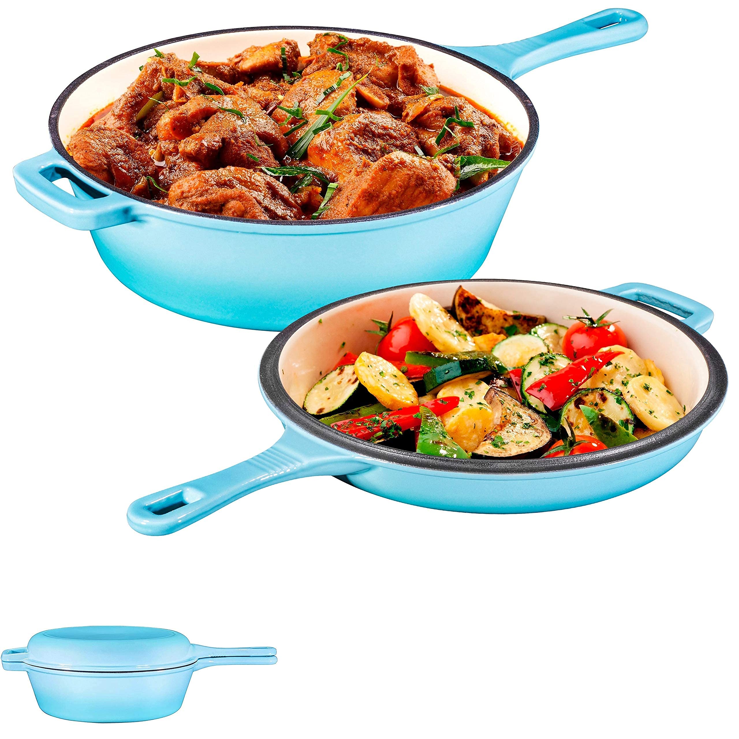 Bruntmor 2-in-1 Blue 3 Quart Pre-Seasoned Cast Iron Dutch Oven with Handle & Mini Skillet - All-in-One Cookware Set for Braising, Frying, Baking - Perfect for Camping, Outdoor Cooking, Backpacking & Home Kitchen Use