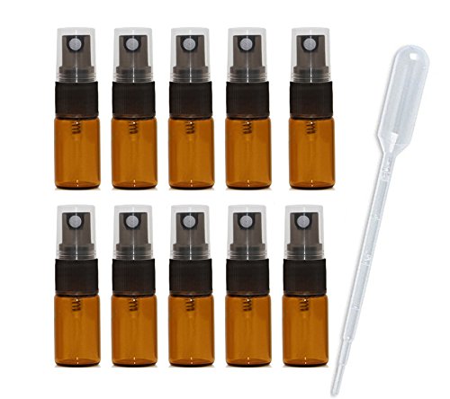 JJKMALL - 10 Pack 3ML Amber Glass Perfume Spray Bottles - Travel Size Refillable Empty Cosmetic Atomizer with Fine Mist Sprayer & Dropper Pipette - Perfect for DIY Essential Oils, Perfume Samples, and Skincare Products