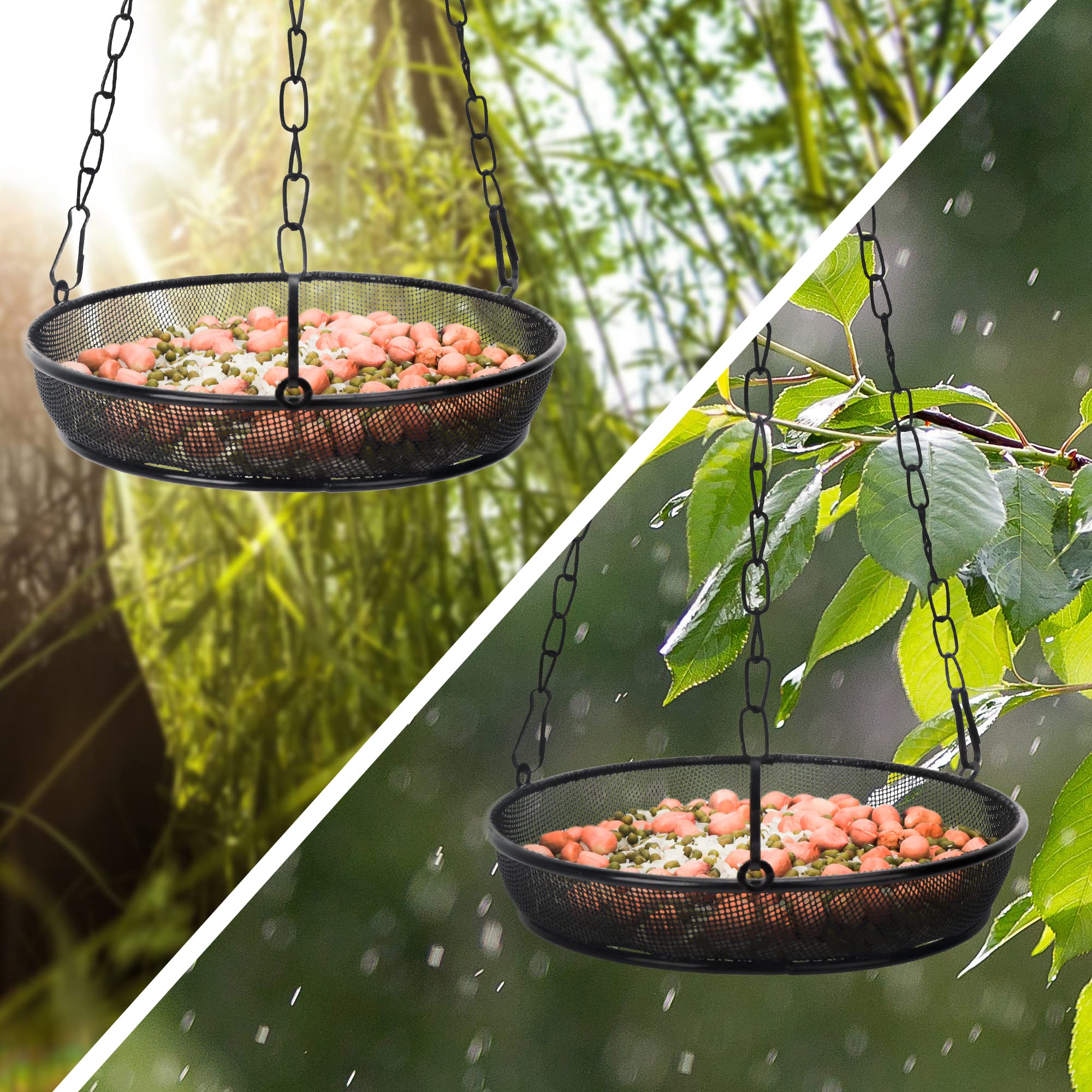 2 Pack Hanging Bird Feeder Tray - Durable Metal Iron Mesh Seed Platform for Outdoor Garden, Attracts Wild Birds (Circular/Black) - Perfect for Backyard, Patio & Bird Watching Enthusiasts