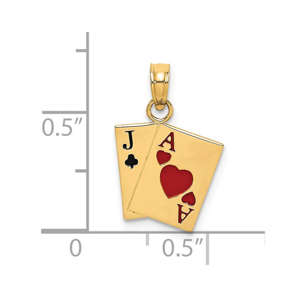 14K Yellow Gold Jack of Clubs and Ace of Hearts Enamel Pendant - Black and Red Playing Card Jewelry for Poker Lovers & Casino Night Accessories
