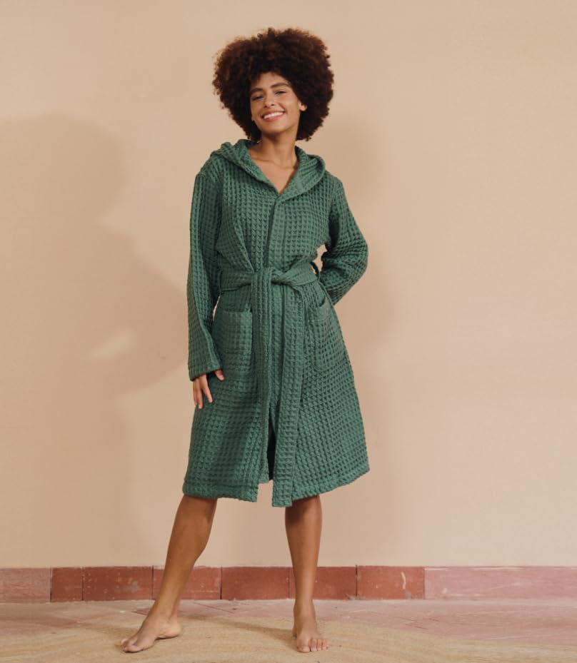 Luxury Hotel & Spa Silk-Infused Japanese Cotton Waffle Unisex Hooded Bathrobe - Soft & Absorbent Robe for Spa, Home Relaxation & Gift Giving