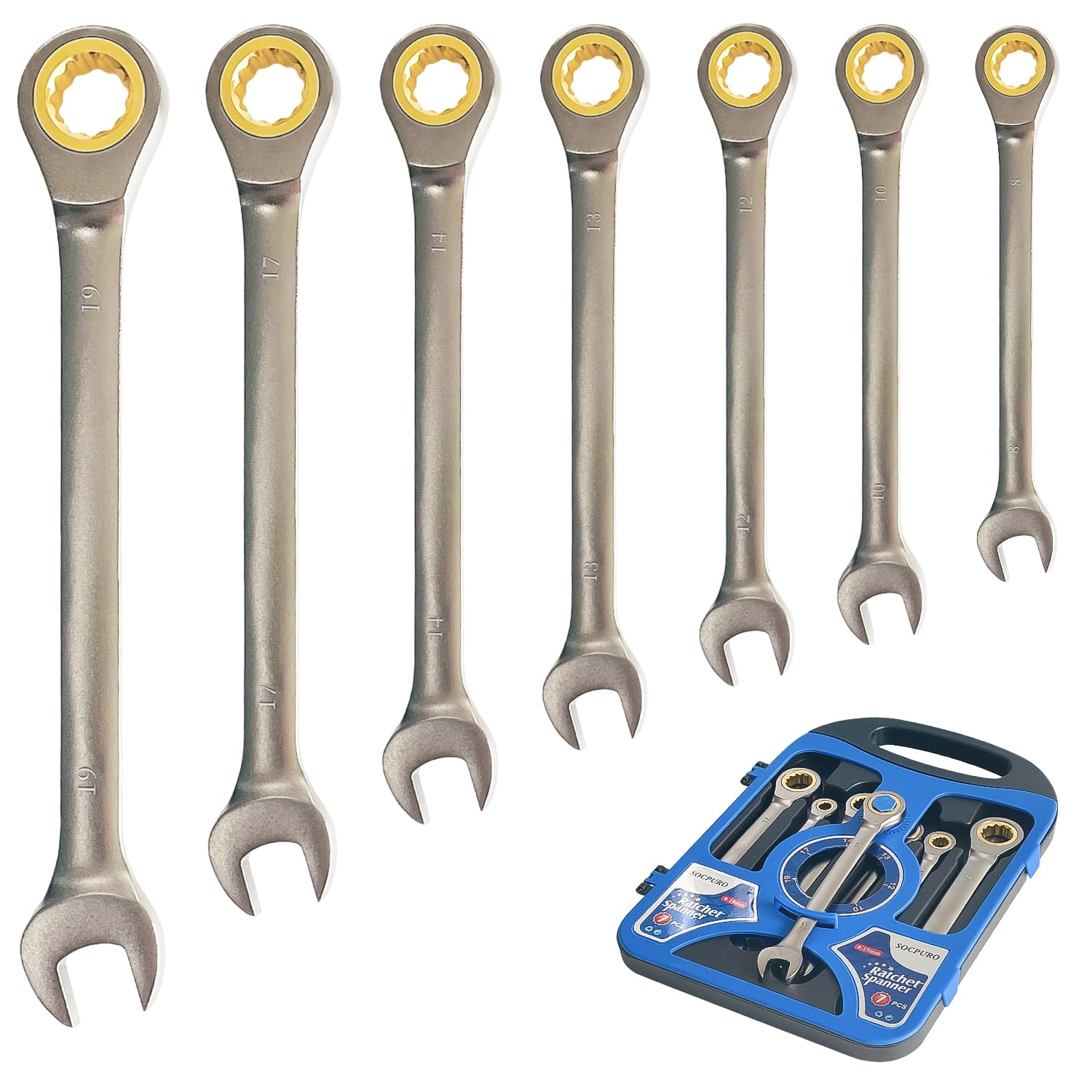 7-Piece Ratcheting Combination Wrench Set (8-19mm) - Metric Chrome Vanadium Steel Spanner with 72-Tooth Gear Ring & Storage Rack - Perfect for Automotive Repair, DIY Projects, and Home Maintenance