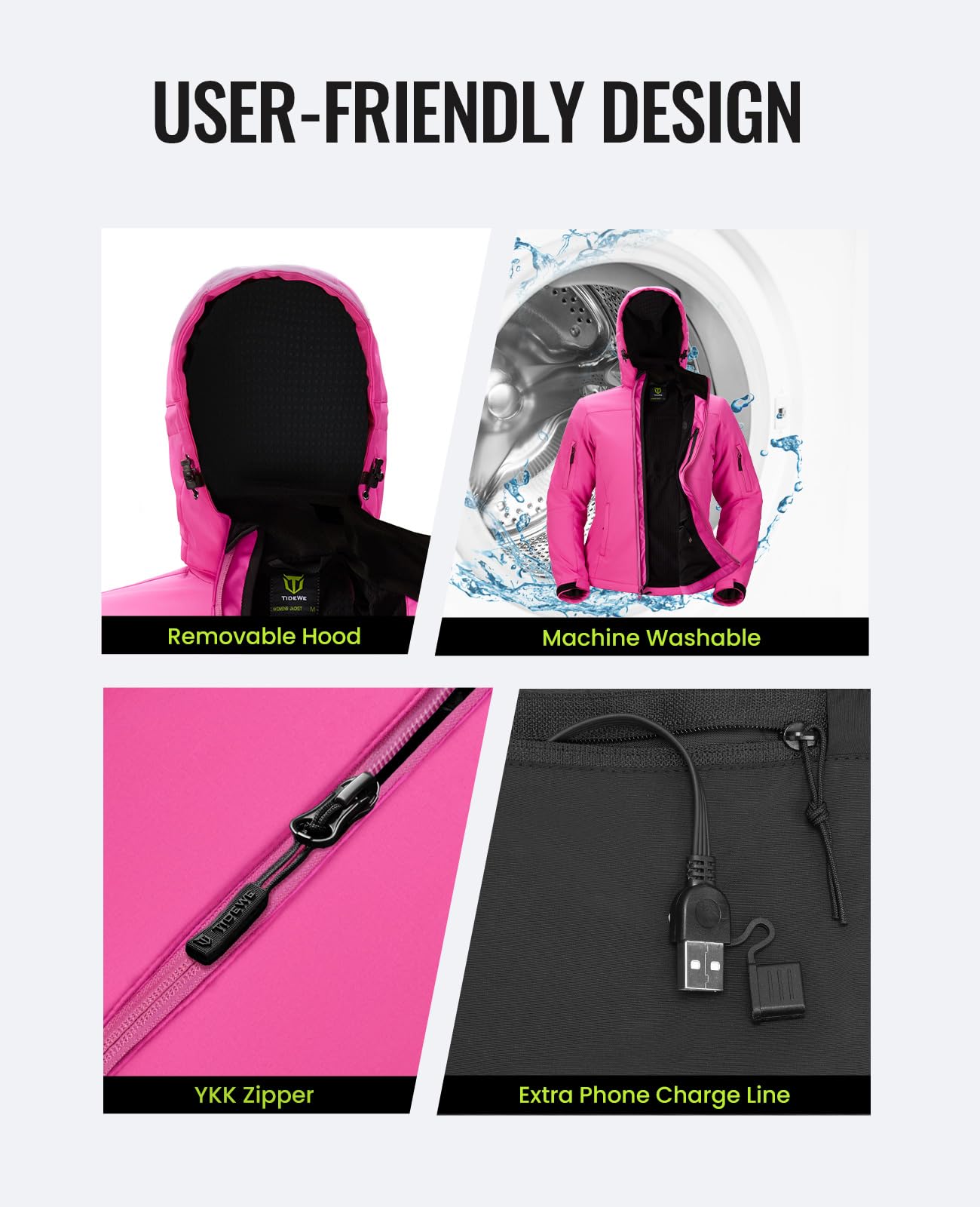 TIDEWE Women's Heated Jacket with Rechargeable Battery Pack - Winter Warm Electric Heated Coat for Outdoor Activities (Black, Pink, Camouflage, Sizes S-XXL) | Perfect for Skiing, Hiking, Camping & Cold Weather Commutes