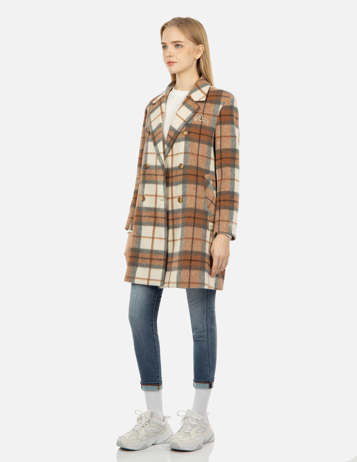 Seagull Embroidery Checked Wool Blend Coat - Women's Winter Fashion Jacket for Outdoor & Office Wear