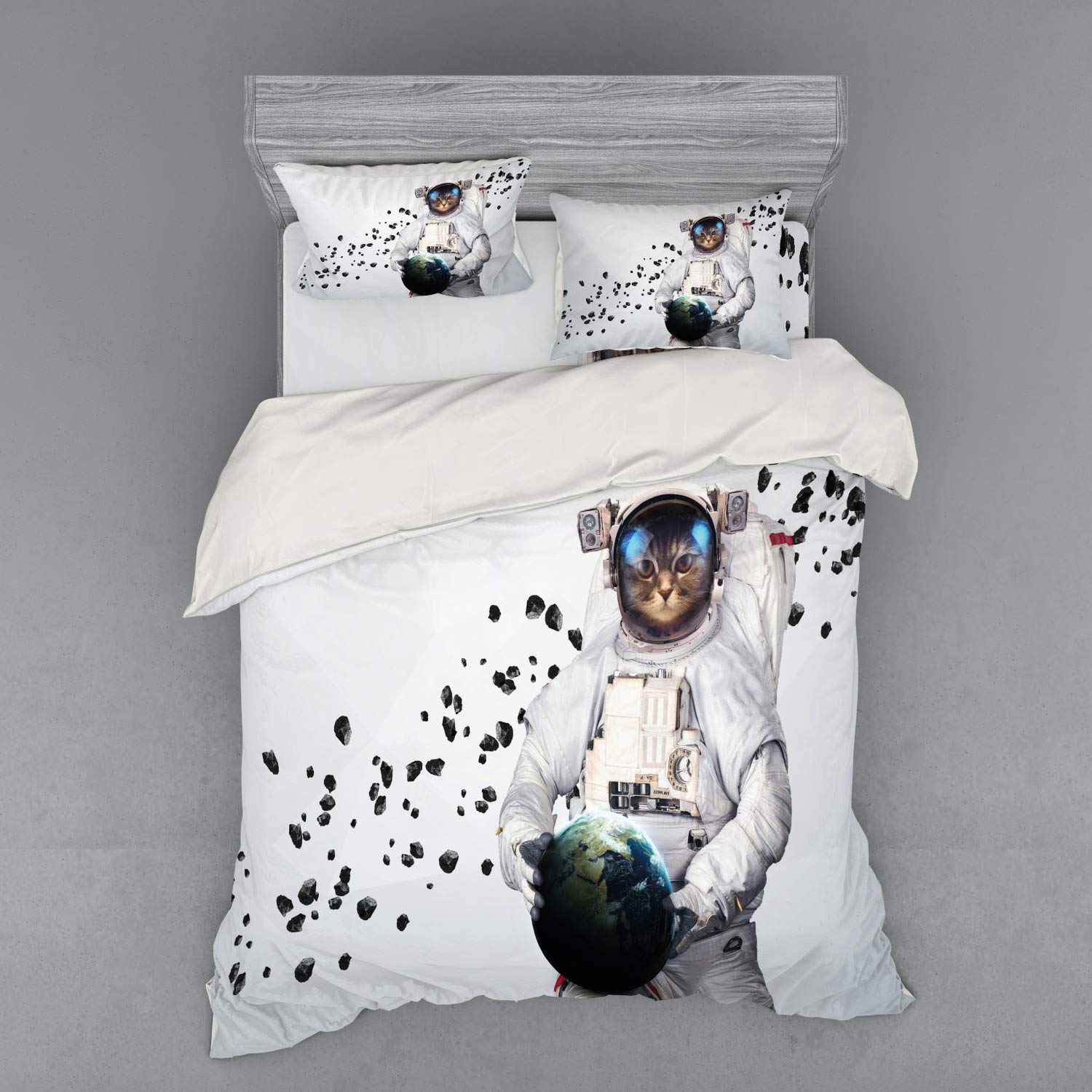 Ambesonne Space Cat Duvet Cover Set - Astronaut Kitten in Space Suit Holding Planet with Galaxy Print, 4-Piece Queen Size Bedding Set with Pillow Shams & Fitted Sheet (White/Black/Blue) - Perfect for Kids' Rooms, Space-Themed Bedrooms & Sci-Fi Decor