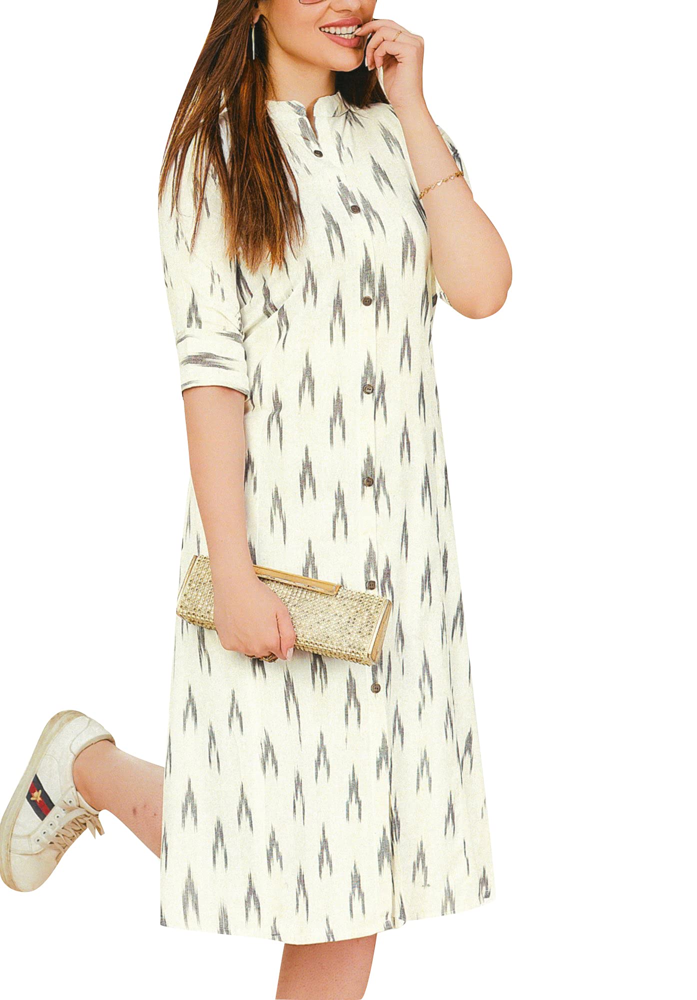 Stylish Women's Casual Ikkat Print Cotton Blend Kurti - Indian Tunic Kurta with Front Cut Design | Perfect for Everyday Wear, Office & Festive Occasions