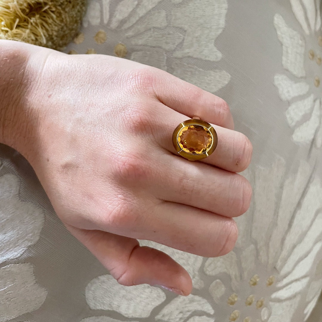 Goshwara 18K Gold Ring with Oval Citrine & Tiger's Eye Inlay – Elegant Jewelry for Women, Perfect for Weddings, Parties & Special Occasions