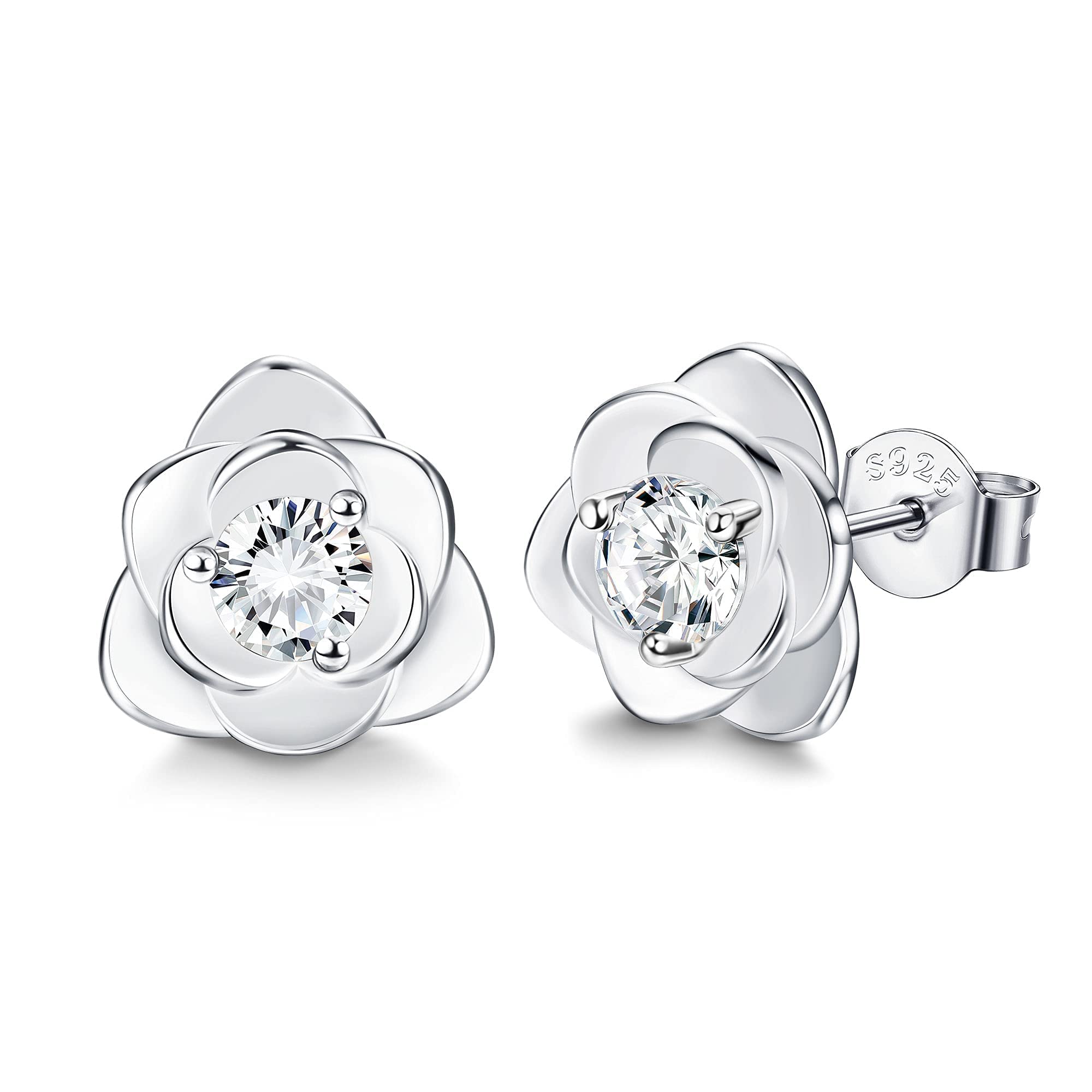 Sllaiss Rose Stud Earrings for Women - 925 Sterling Silver Cubic Zirconia Opal Flower Earrings with White Gold Plating | Perfect for Weddings, Anniversaries & Everyday Elegant Wear