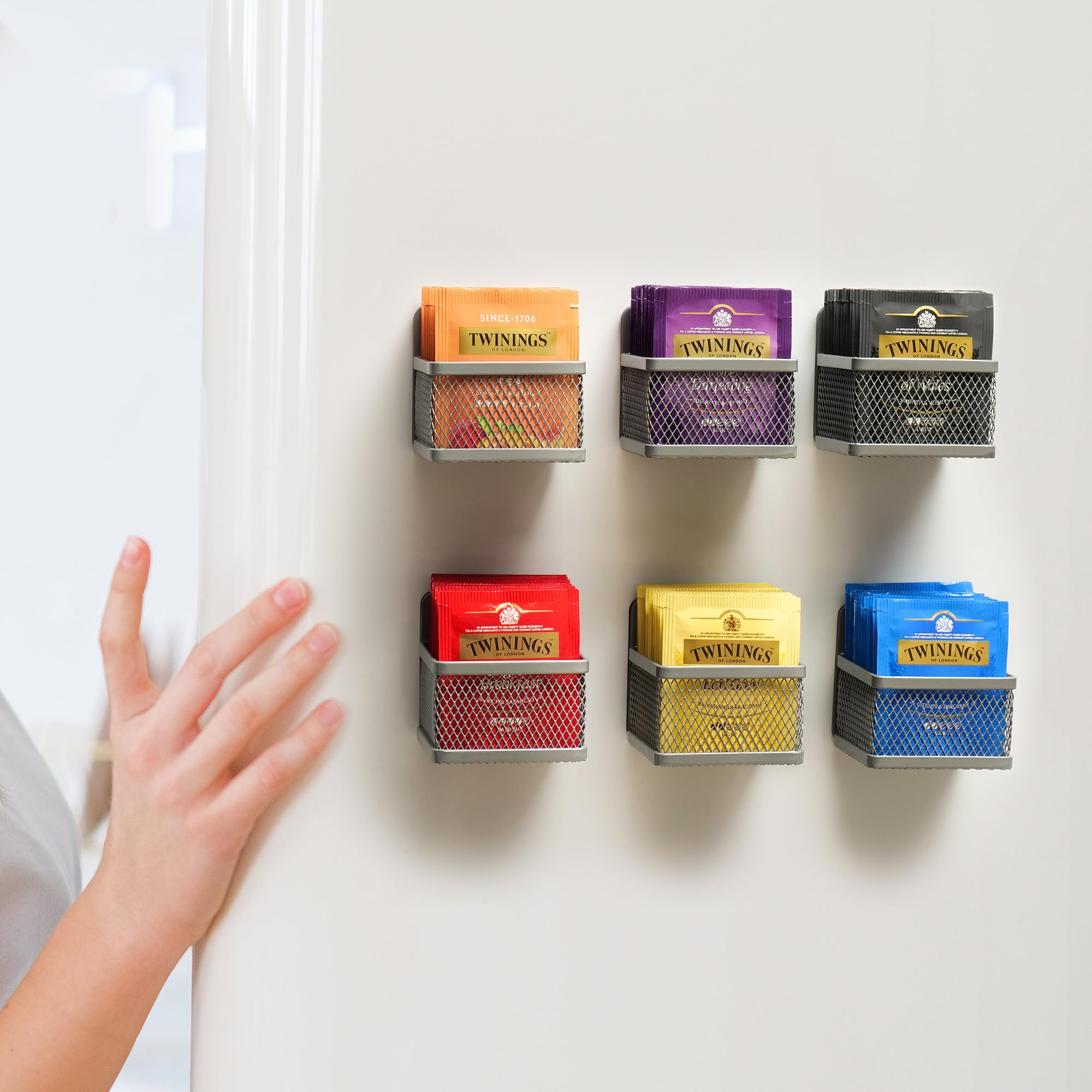 6-Piece Magnetic Tea Bag Organizer Set - Stainless Steel Tea Storage for Refrigerator & Countertop - Perfect Tea Gift for Tea Lovers (Silver) - Ideal for Kitchen, Office & Home Organization
