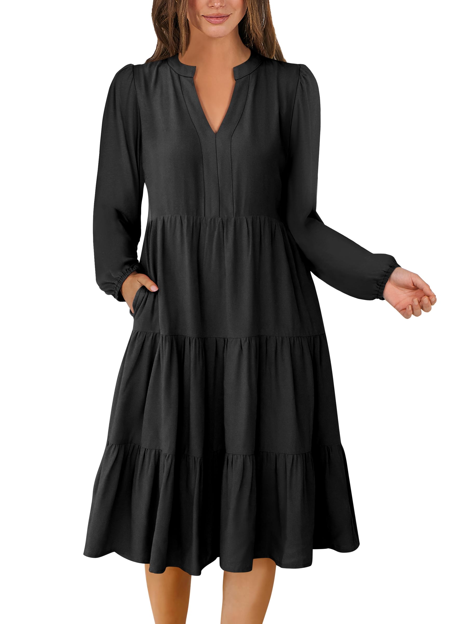 ANRABESS Women's Long Sleeve V-Neck Flowy Swing Dress - Casual Loose Fit Tiered Midi Dress for Spring 2025 | Perfect for Vacation, Beach, Date Night & Everyday Wear