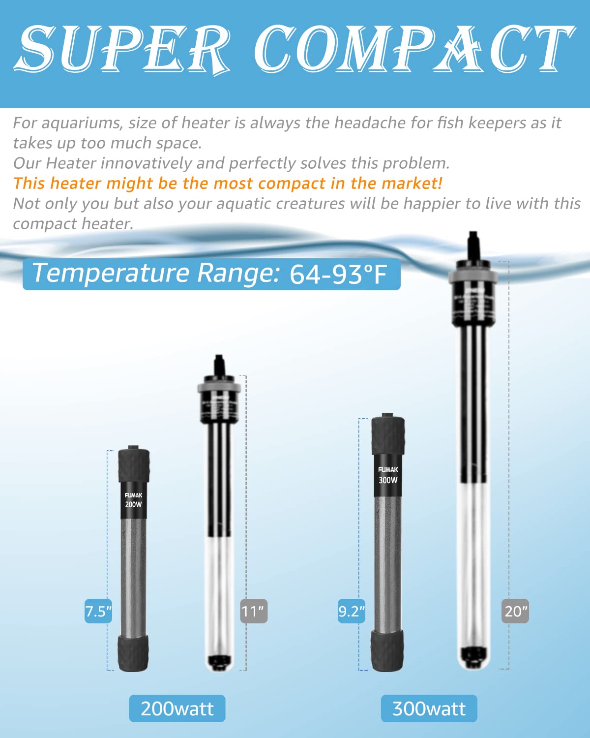 300W Adjustable Submersible Aquarium Heater with LED Digital Display Thermostat - Super Short Fish Tank Heater for 40-60 Gallon Tanks | Perfect for Tropical Fish, Saltwater & Freshwater Aquariums, Home or Office Decor