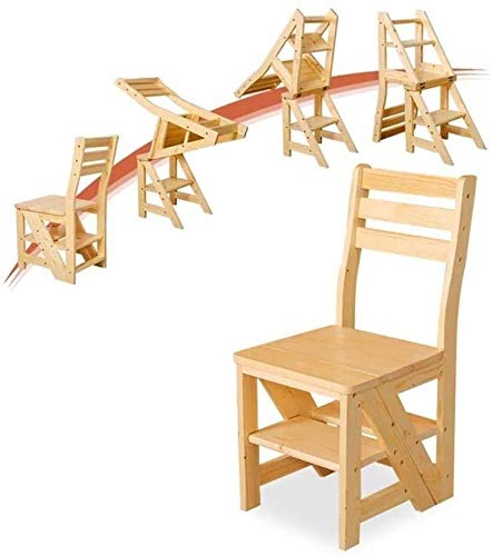 NEVKA Foldable Wooden Step Stool with Backrest - 4 Step Space Saving Multifunctional Ladder Chair for Home, Kitchen, Bathroom & Garage - Solid Wood Yellow Step Stool for Adults & Kids