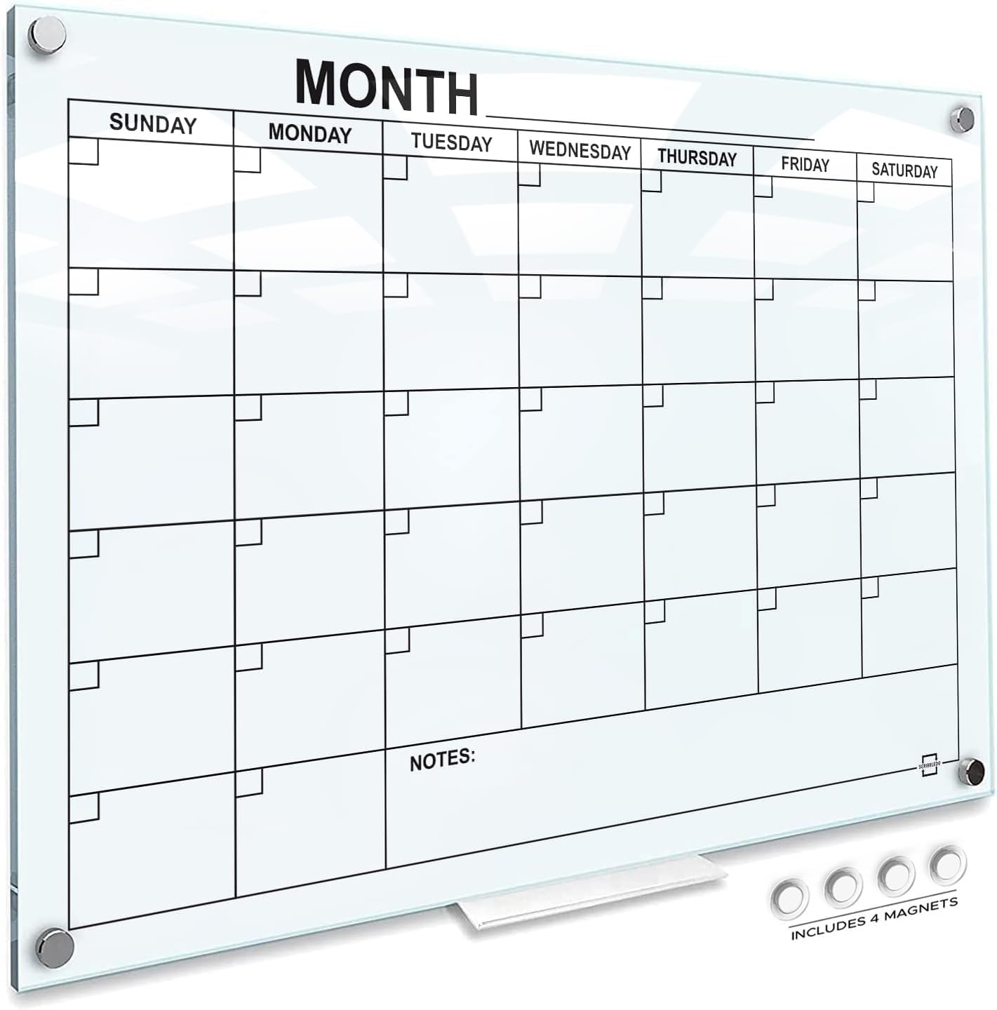 34x46 Inch Magnetic Glass Whiteboard Monthly Planner - Large Dry Erase Wall Calendar for Home & Office with Marker Tray | Perfect for Scheduling, Project Management & Family Organization