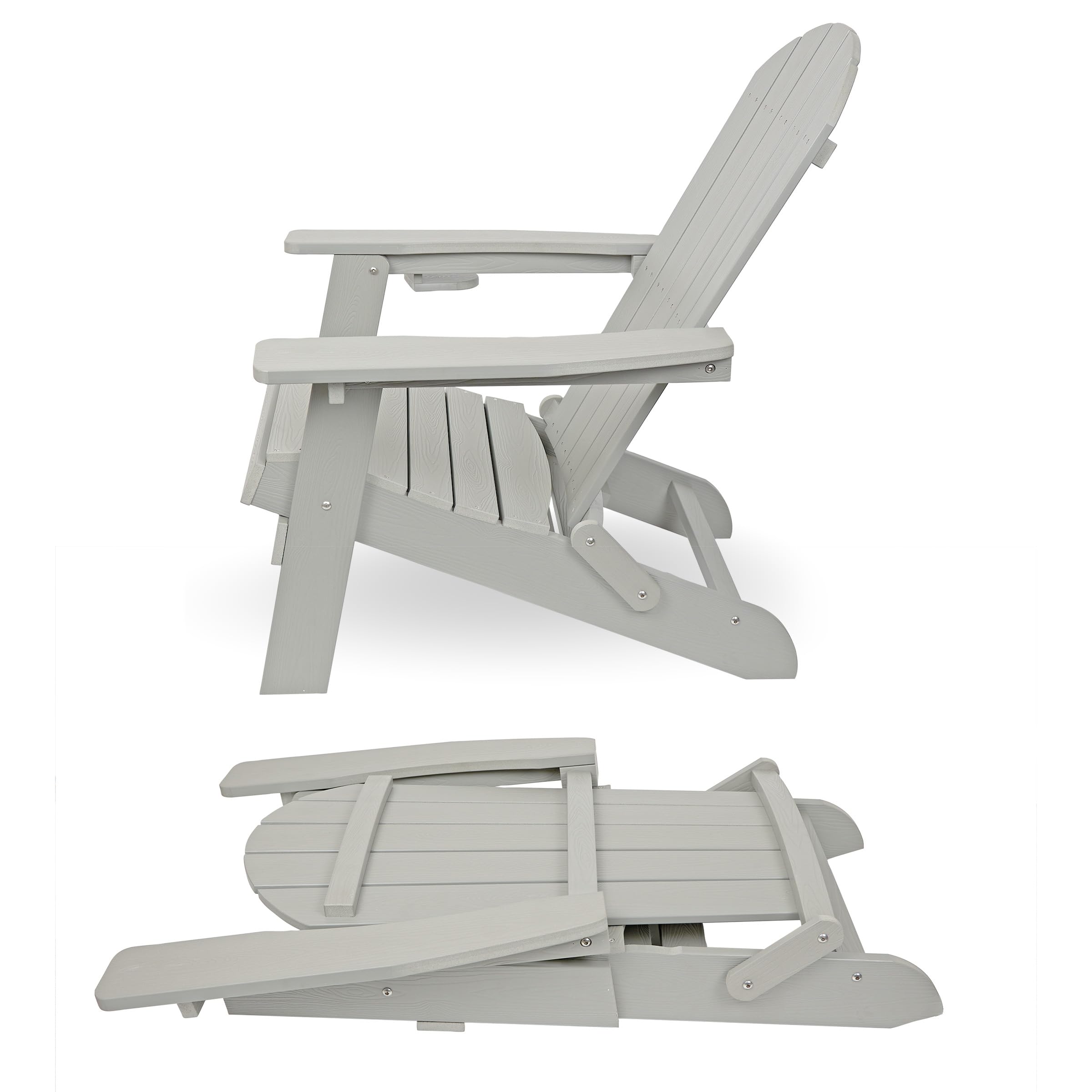 Alpine Corporation MFW104LGR Folding Adirondack Chair with Cup Holder & Ottoman - Outdoor Patio Furniture for Garden, Deck, Poolside & Backyard Relaxation - 38 Inch Height, Gray