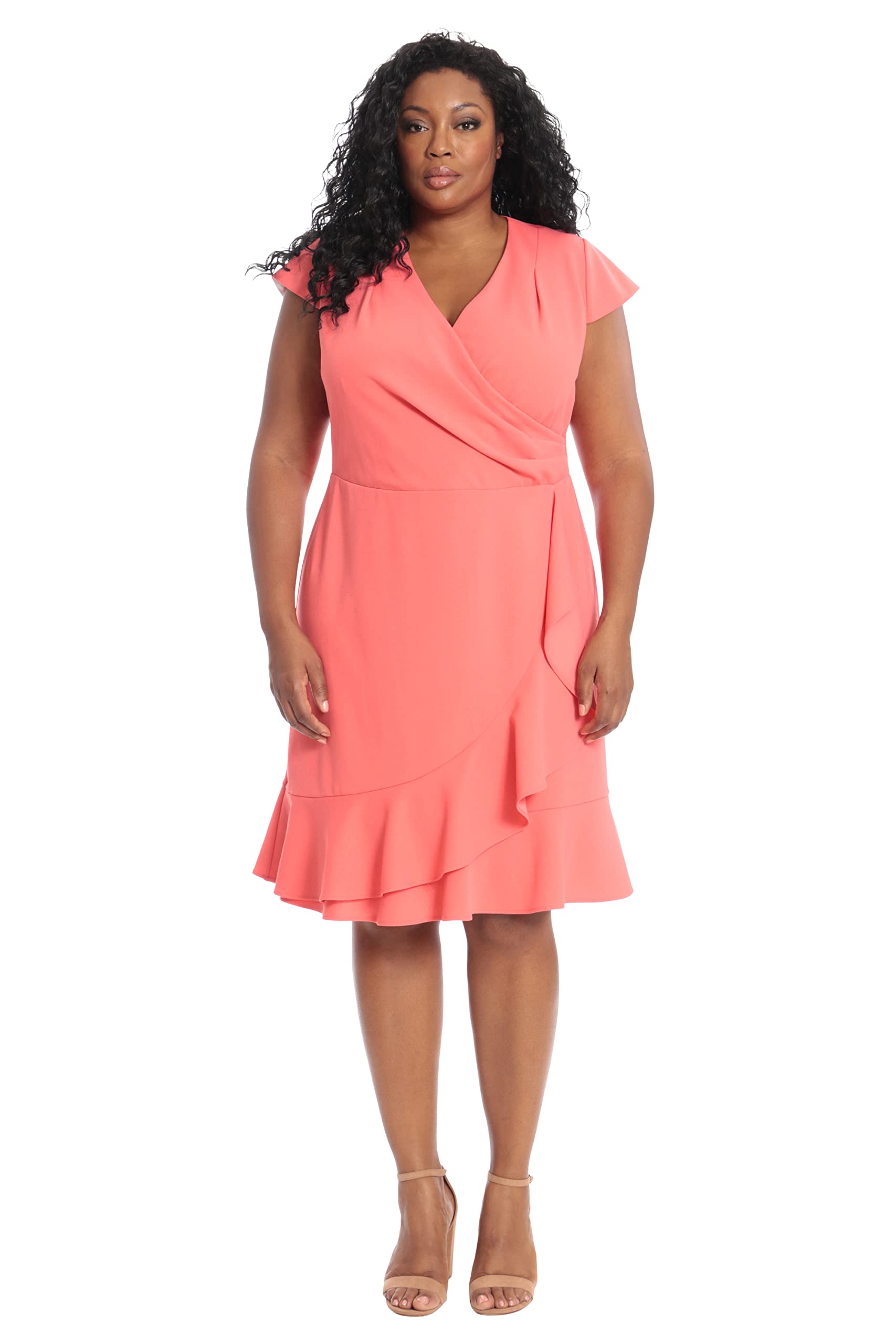 London Times Women's Cap Sleeve V-Neck Knee Length Dress with Ruffle Faux Wrap Skirt - Elegant Casual & Office Wear for Summer