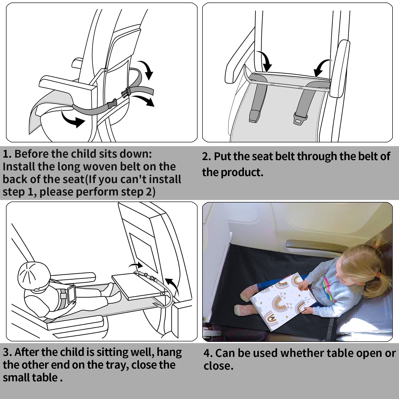 UNARK Kids Airplane Footrest - Portable Travel Foot Rest for Toddlers & Children, Lightweight Seat Extender Hammock (0.57 lbs, Black) - Perfect for Long Flights & Road Trips