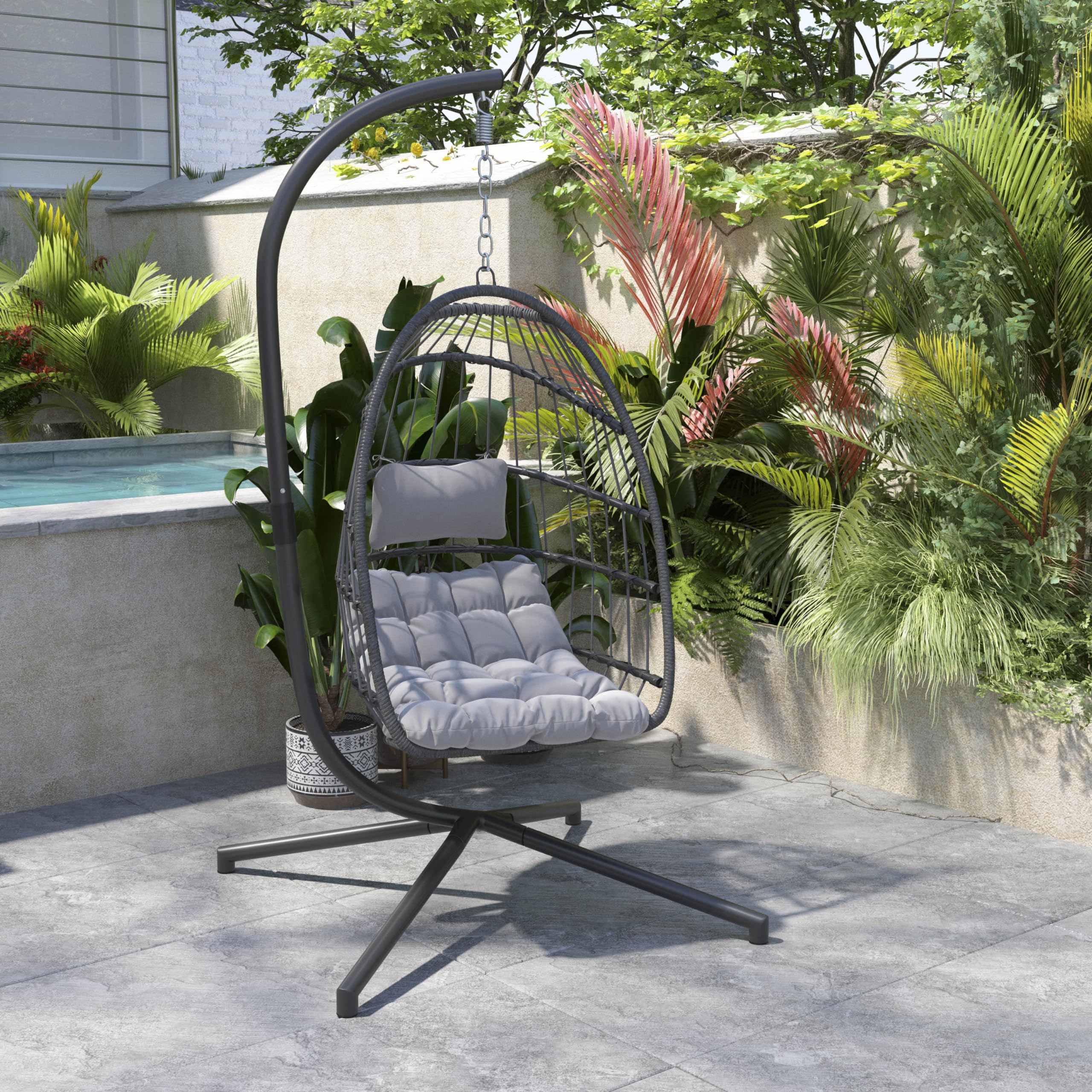 Flash Furniture Cleo Indoor/Outdoor Hanging Egg Chair with Gray Frame & Cushions - Black Powder-Coated C-Stand - Perfect for Patio, Garden, Poolside & Balcony Relaxation