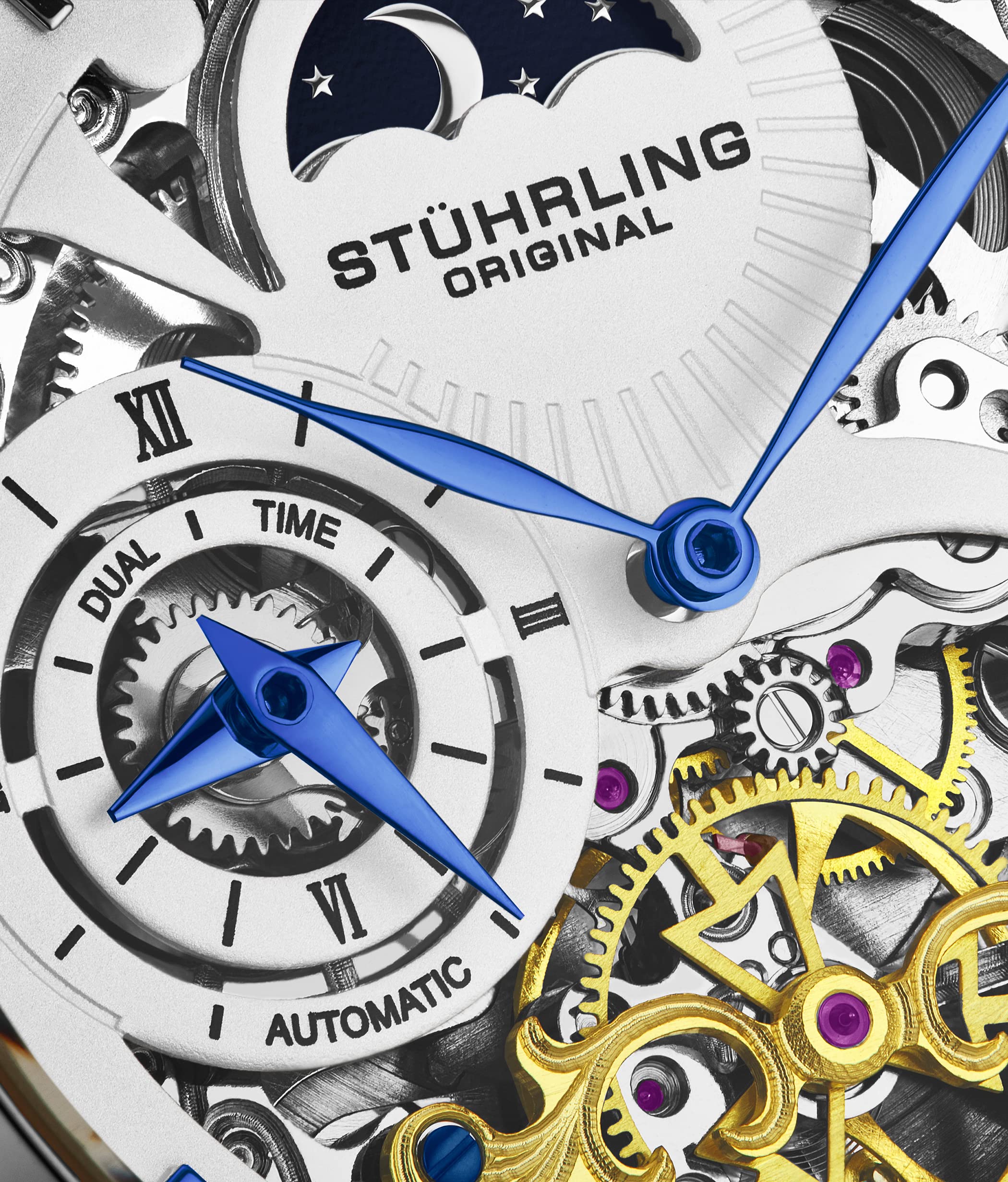 Stuhrling Original Men's Automatic Skeleton Watch with Dual Time, AM/PM Sun Moon Display & Genuine Leather Band - Luxury Dress Watch for Business, Formal Occasions & Everyday Wear