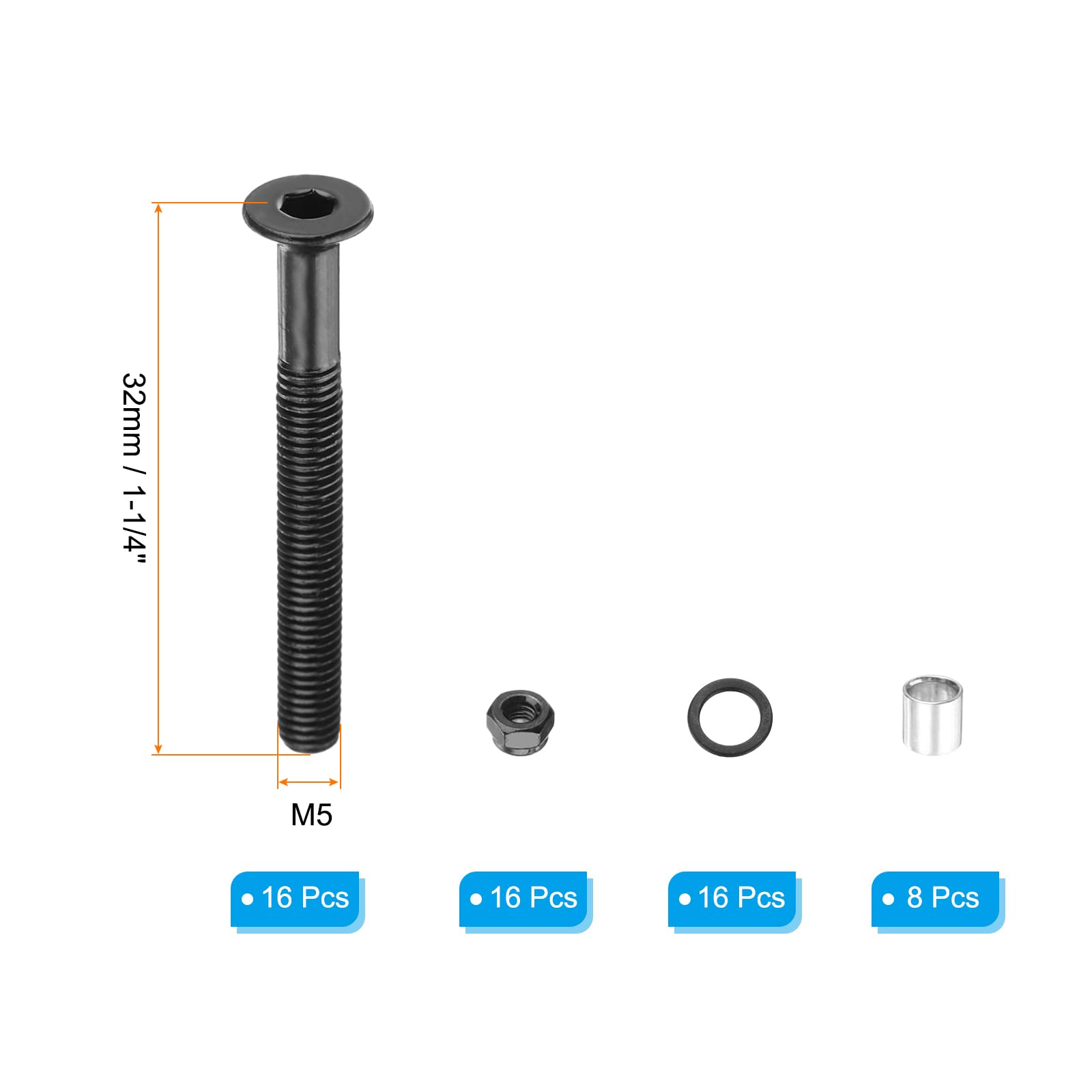 PATIKIL 16-Piece Skateboard Hardware Kit - Axle Nuts, Mounting Screws, Spacers & Washers for Skateboard Trucks & Wheels | Perfect for DIY Skateboard Assembly & Maintenance