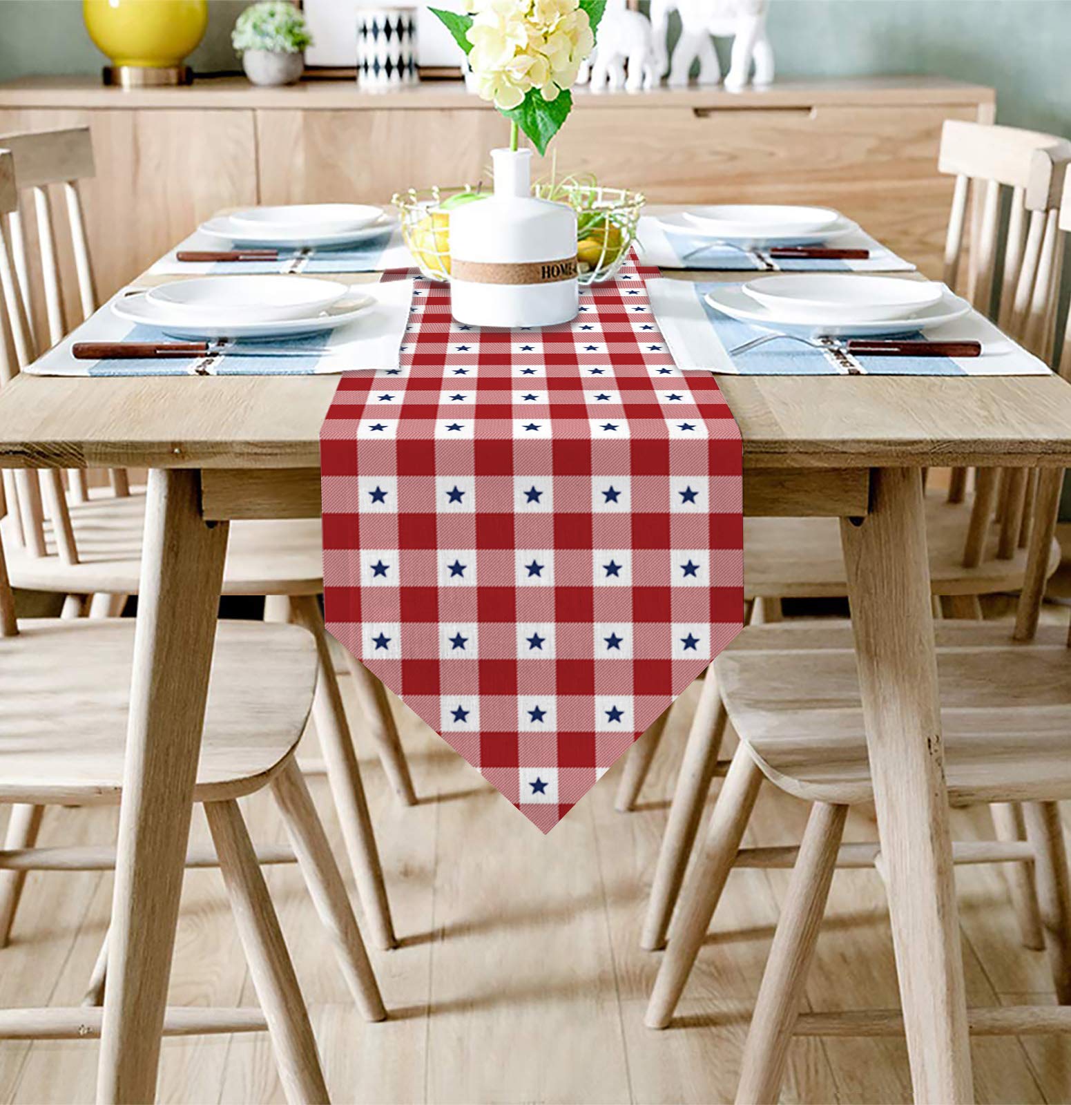 LooPoP 4th of July Table Runner - 72 Inch Cotton Linen Patriotic American Flag Table Decor for Independence Day, Weddings, Dining & Farmhouse Style - Red White Blue Theme for Party, Picnic & Holiday Celebrations