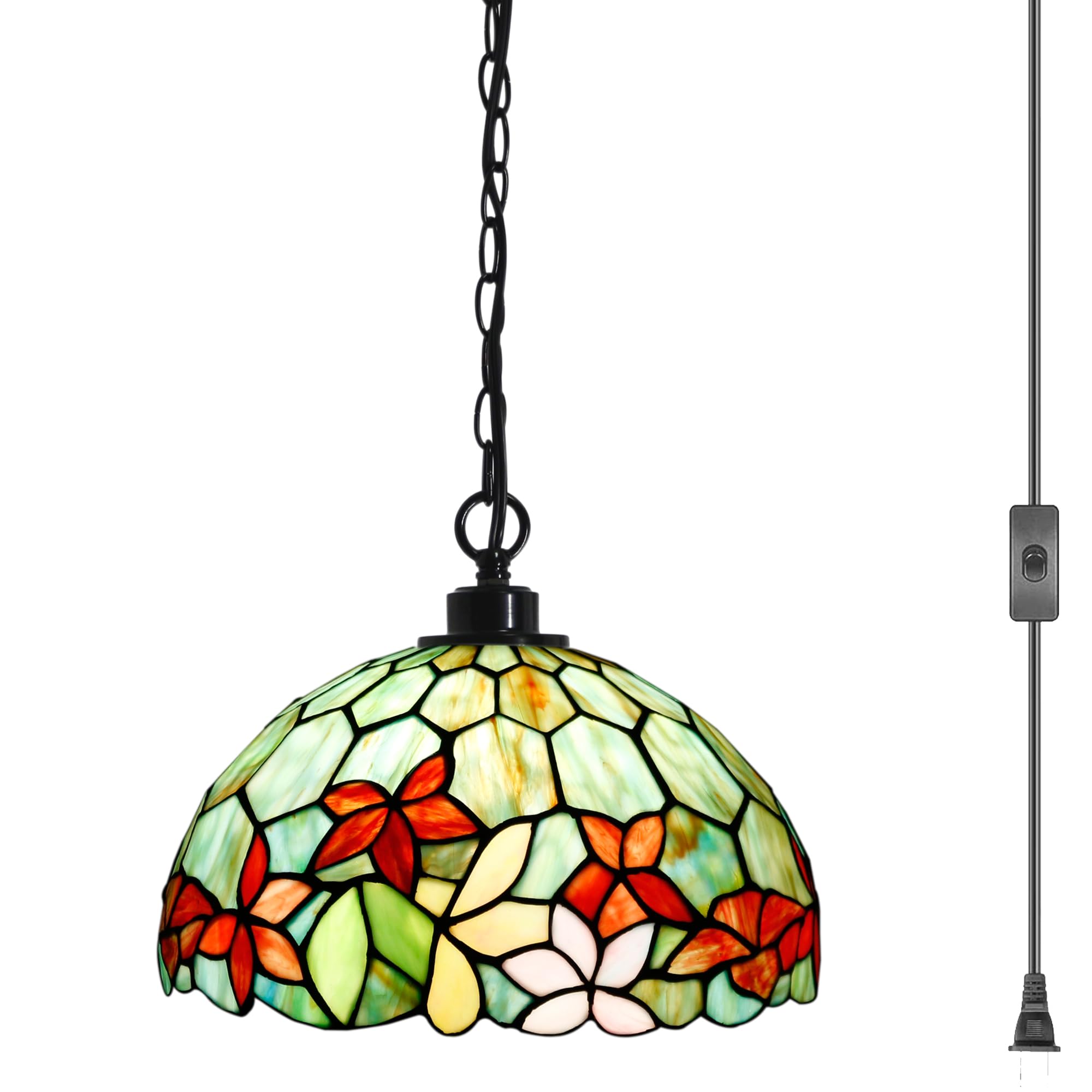 Vintage Tiffany Style Plug-in Stained Glass Swag Pendant Light - 12x12x18 Inches Hanging Lamp with Red & Green Floral Design for Dining Room, Living Room, Bedroom & Kitchen Decor