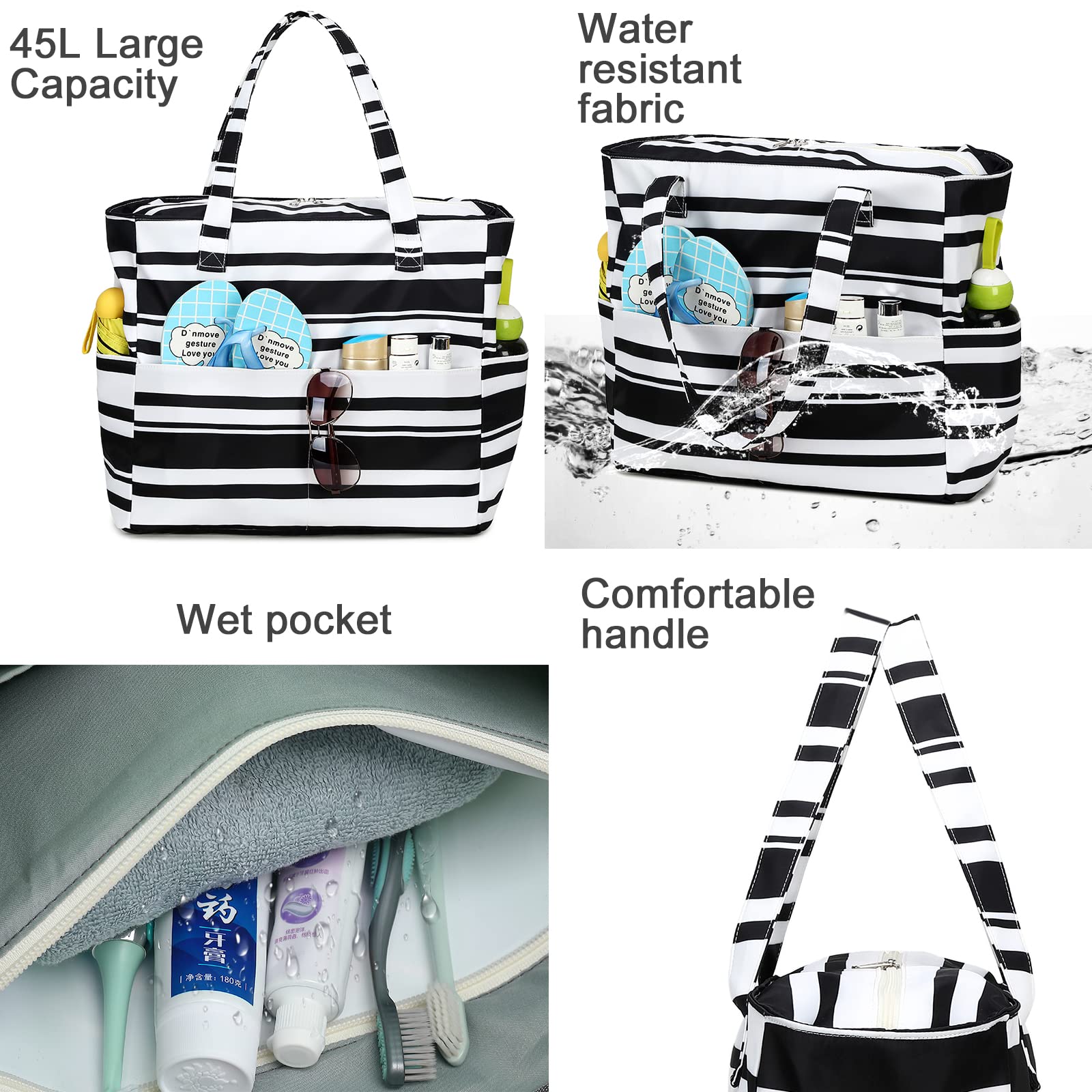 Waterproof Large Beach Tote Bag for Women - Sandproof Zippered Pool & Gym Bag with Wet Pocket - Perfect for Beach, Travel, Shopping & Groceries