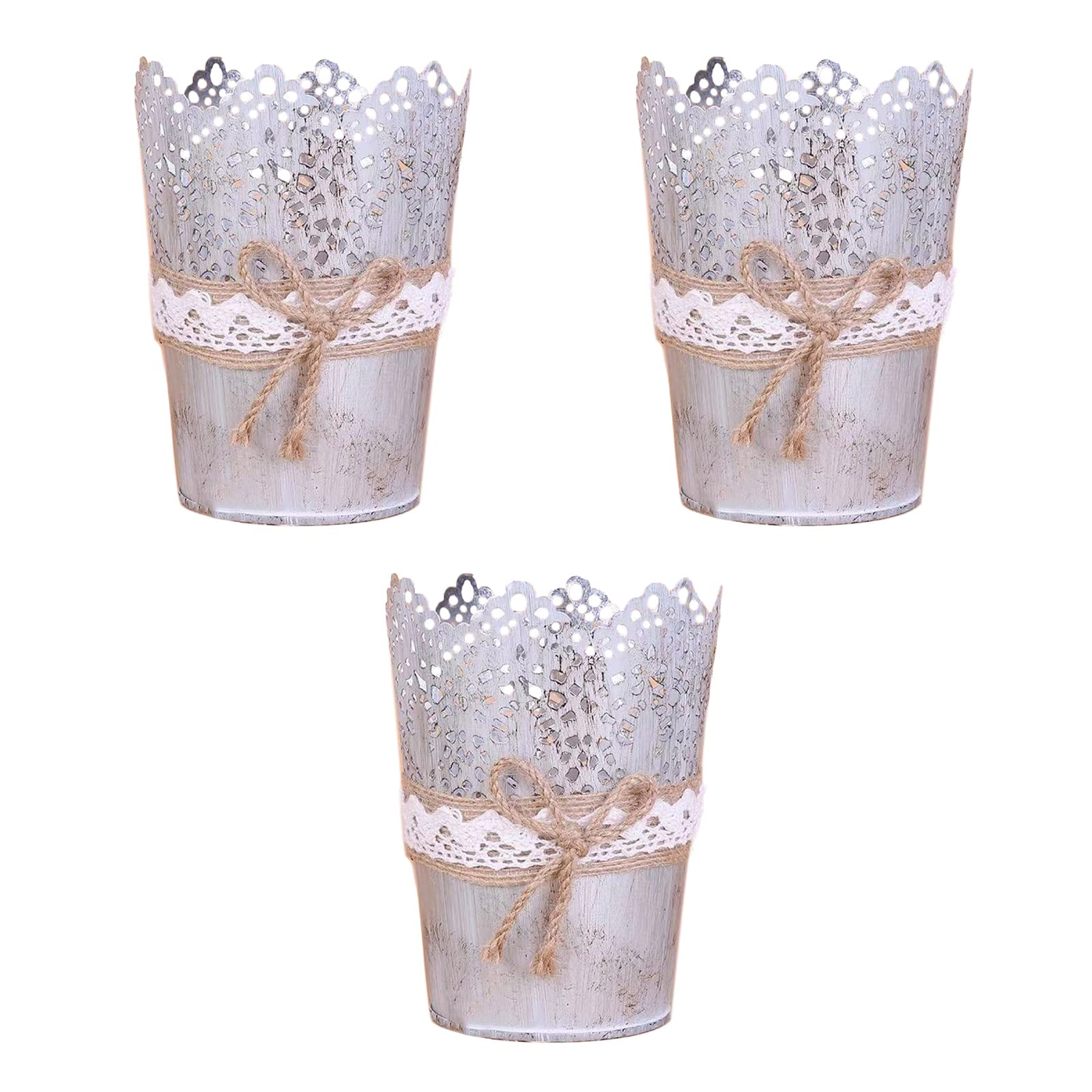 Vintage Metal Bucket Galvanized Planter Set of 3 - Rustic Iron Flower Pots with Jute Rope Bow - Farmhouse Hollow Iron Art Vase for Succulents, Herbs, Indoor & Outdoor Garden Decor - Perfect for Patio, Balcony, and Home Décor