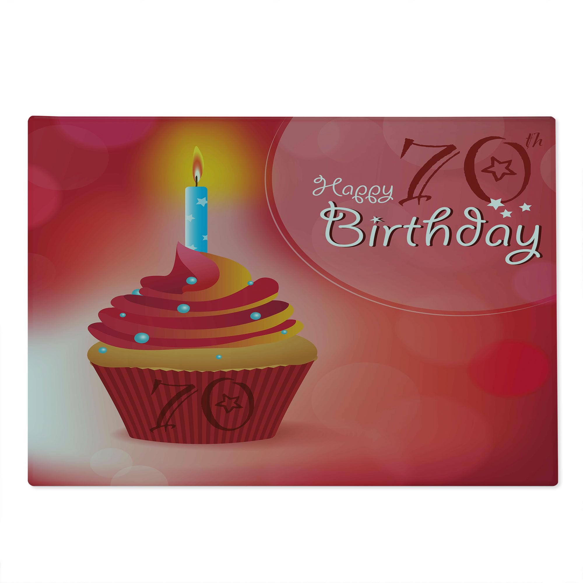 Ambesonne 70th Birthday Cutting Board - Abstract Sun Beams Design with Party Cupcake - Tempered Glass Serving Tray for Cheese, Charcuterie & Appetizers - Large Decorative Board in Red & Orange - Perfect for Birthday Parties & Kitchen Decor