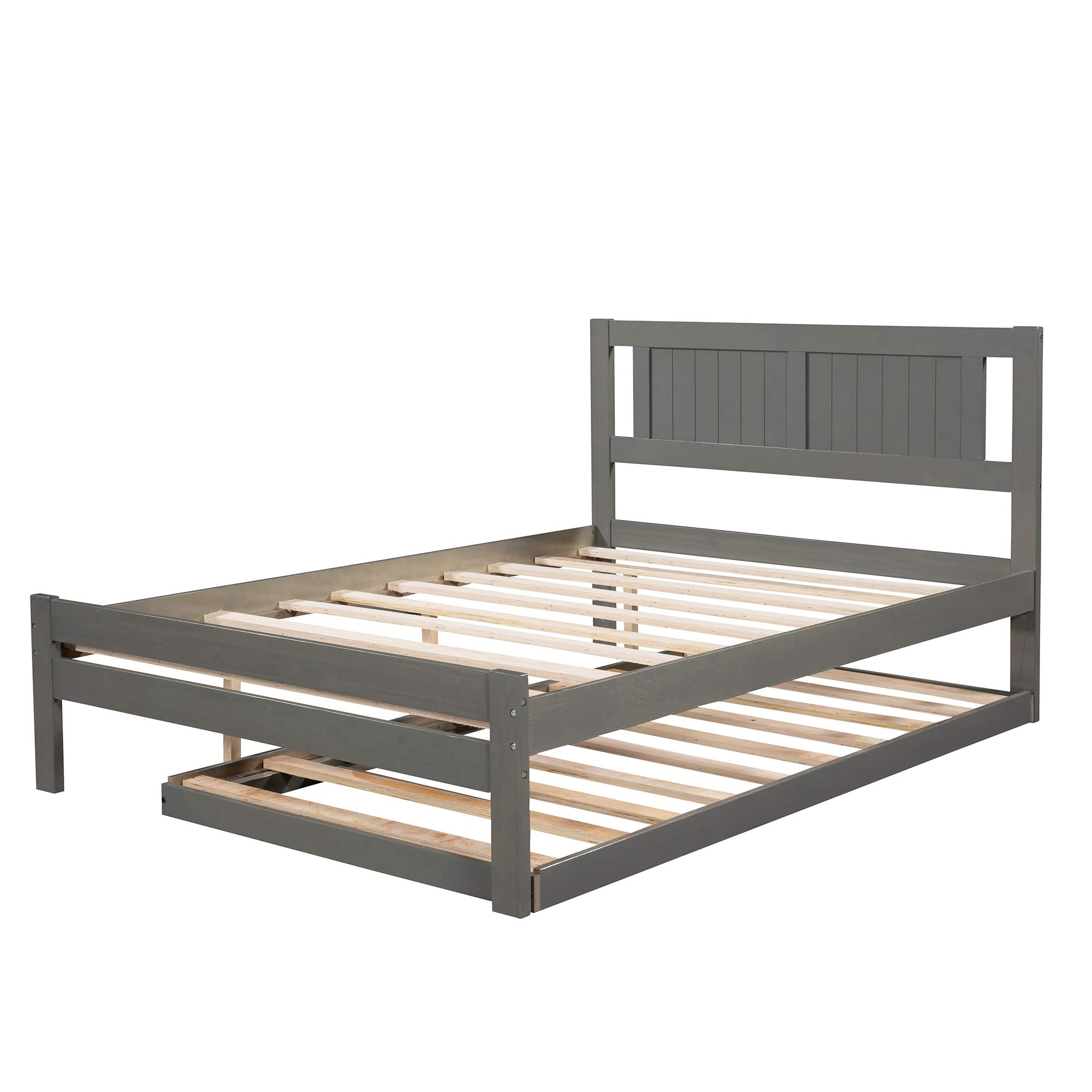 Twin Size Solid Wood Platform Bed Frame with Adjustable Pull-Out Trundle and Headboard - Space Saving Kids Bed for Small Rooms & Guest Bedrooms (Full Size, Grey)
