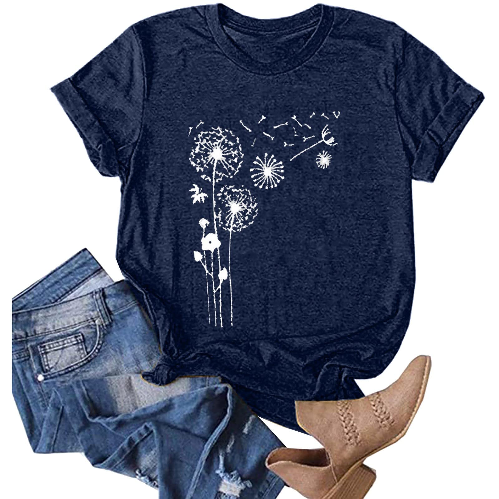 Women's Summer Shirts - Cute Sunflower Print Tops & Blouses, Short Sleeve Crew Neck Tunic Tees for Casual Wear, Beach Outings & Date Nights