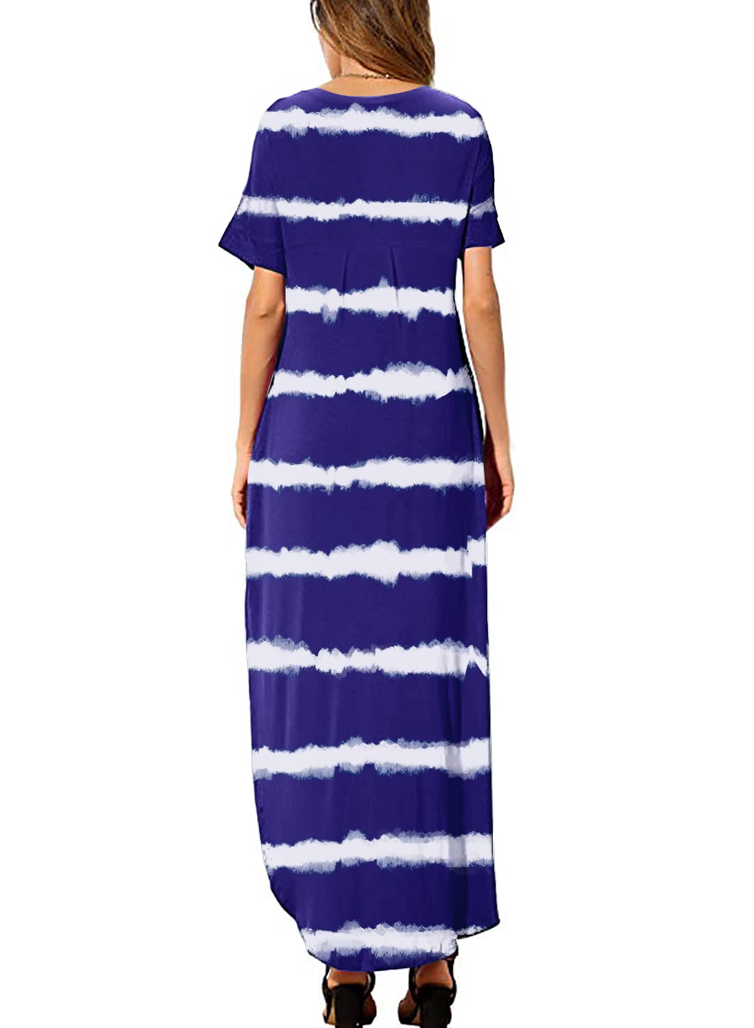 HUSKARY Women's Summer Maxi Dress - Casual Loose Long Dress with Pockets, Short Sleeve & Side Slit (White/Blue) | Perfect for Beach, Vacation & Everyday Wear