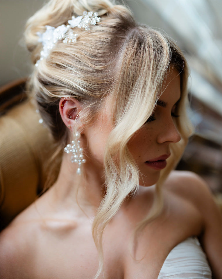 Elegant Pearl Floral Statement Earrings for Weddings & Bridal by Kezani | Perfect for Bridal Party, Formal Events & Special Occasions