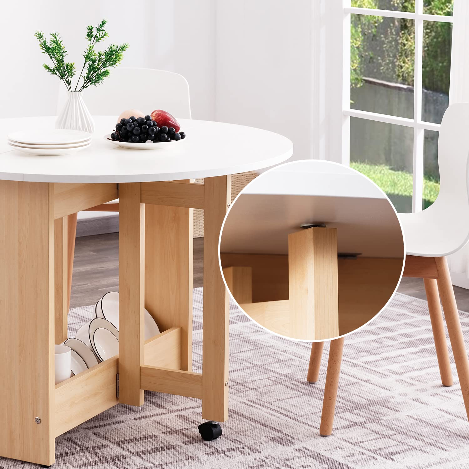 Round Drop-Leaf Folding Dining Table - Space Saving Extendable Convertible Table with Storage Box & Wheels - White Kitchen Farmhouse Living Room Furniture - Perfect for Small Spaces, Apartments & Multi-Purpose Rooms