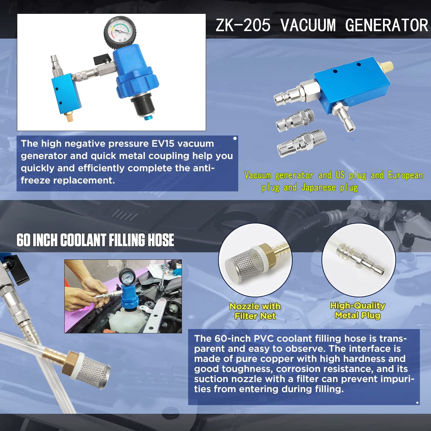 ZKTOOL Engine Cooling System Vacuum Purge & Coolant Refiller Kit - Includes 8 Rubber Sleeves, 2 Universal Adapter Cone Plugs & EV15 Vacuum Generator - Perfect for Automotive Repair, DIY Coolant Flush & Maintenance