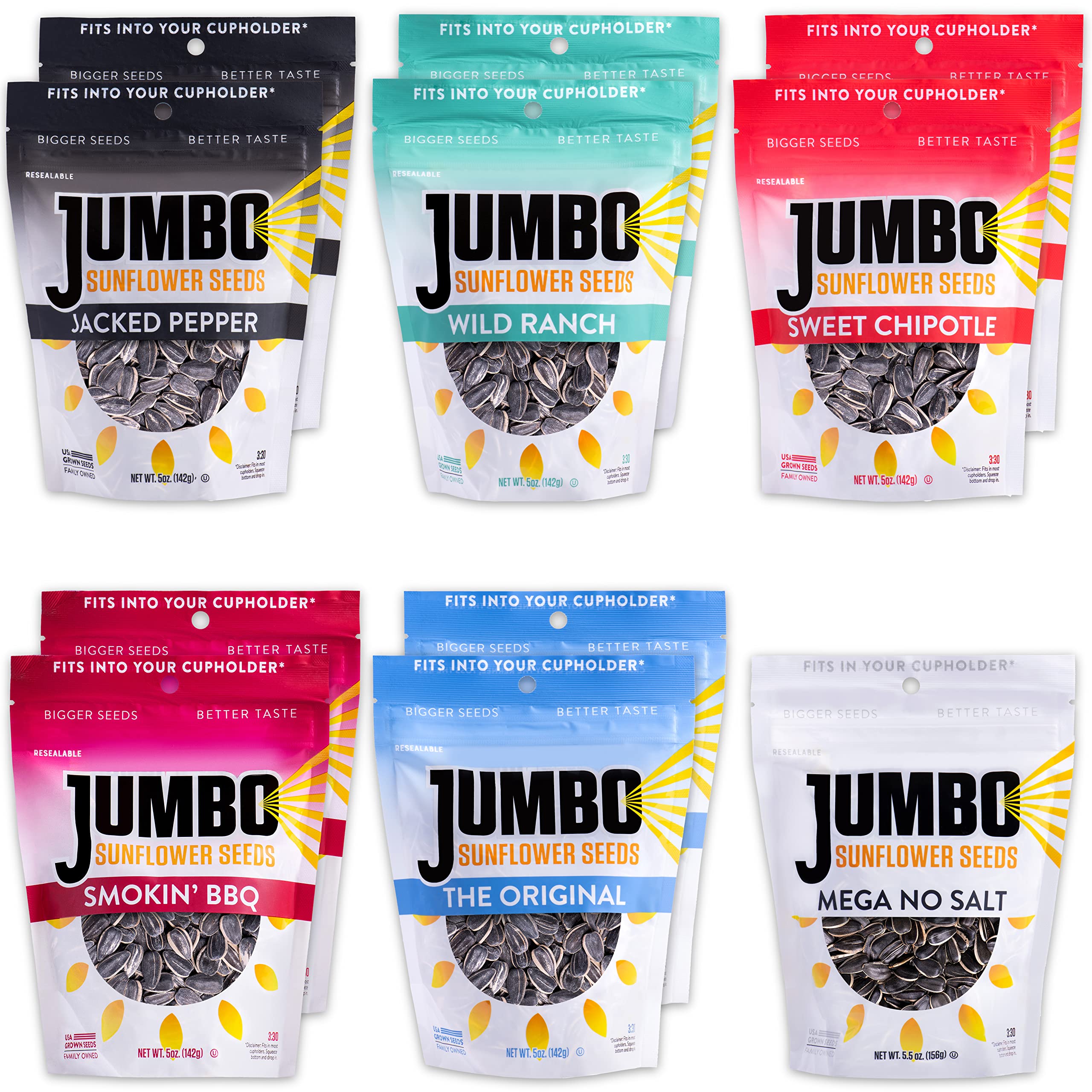 Jumbo Sunflower Seeds Sampler Pack - Original, Ranch, Pepper, BBQ, Chipotle, No Salt (11 Bags) | Healthy Snacks for Road Trips, Office & Outdoor Activities